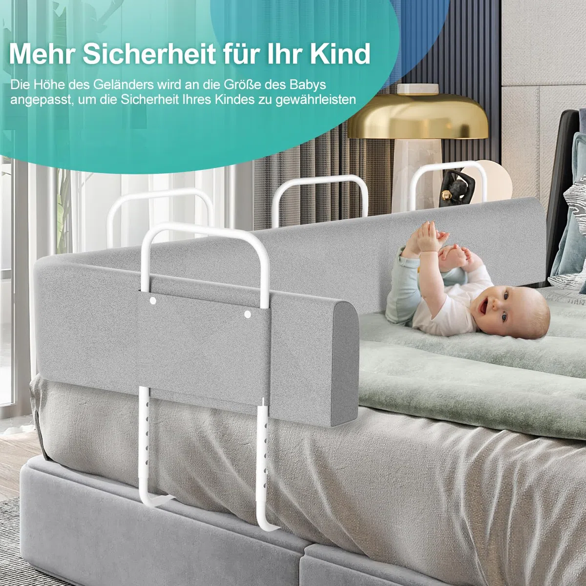 Eulenke Bettgitter 200cm - Höhenverstellbares Bettschutzgitter für Kinder - 5-Loch Bettgitte mit Rausfallschutz - Geeignet für Boxspringbetten und Kinderbett - Bettkantenschutz in Profiqualität
