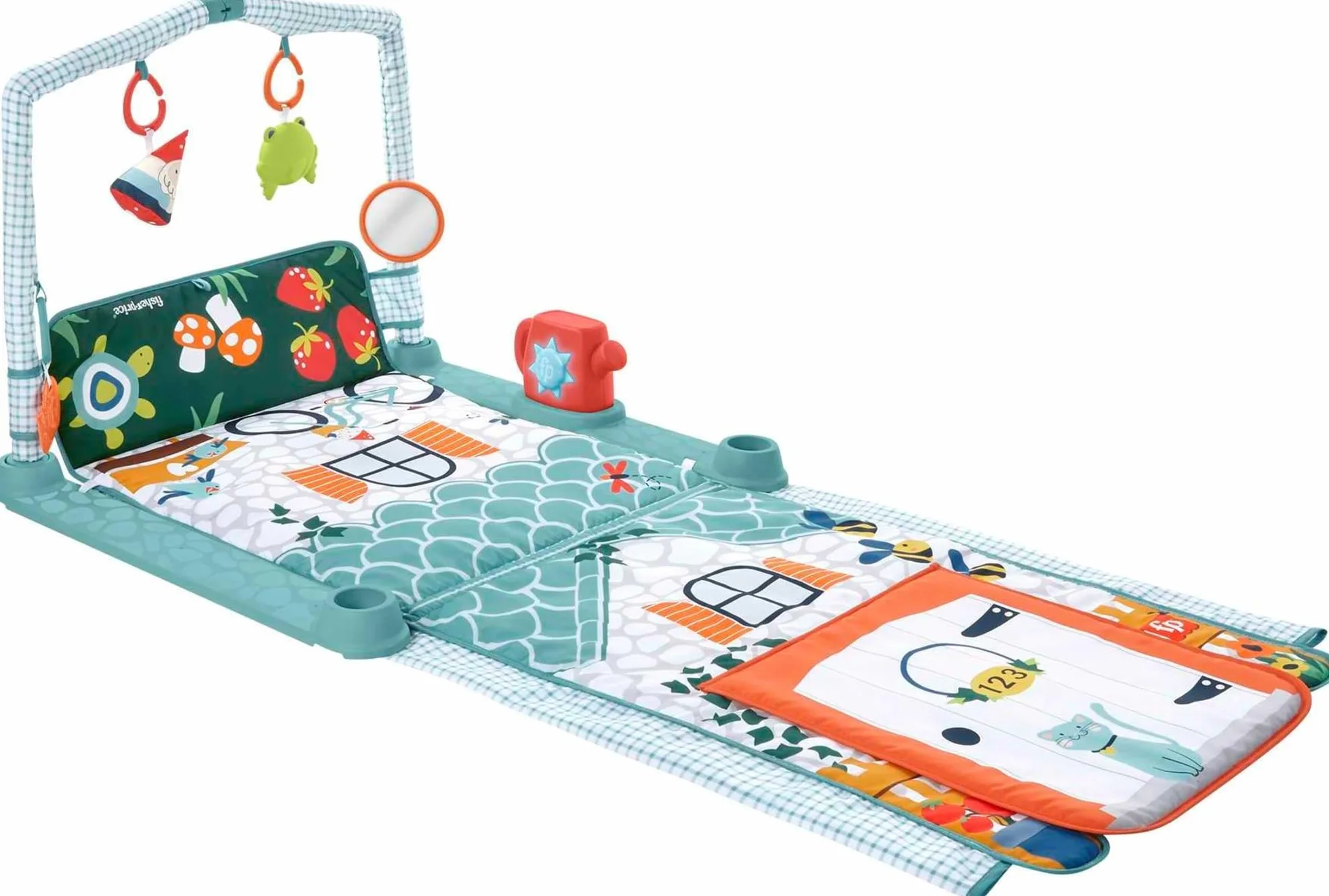 Fisher-Price HJK45-3-in-1 Kleine Ferienhaus Spieldecke, Spieldecke für das Spielen in Bauchlage und Tunnel zum Hindurchkrabbeln mit Spielzeug für Babys und Kleinkinder ab der Geburt