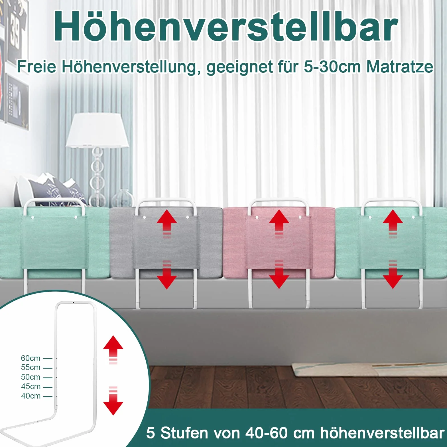 UISEBRT 3 Stück Bettgitter 50cm Rausfallschutz Bett, Bettschutzgitter für Kinder 5-Loch Höhenverstellbar Kinderbettgitter Sicherheitsschutz für Kleinkinder, Babys und Kinder, 150cm, Grau