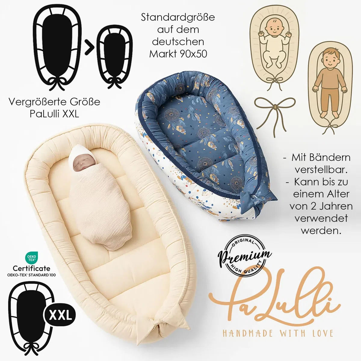 PaLulli 120x60 cm Babynest Babynestchen XXL Babykokon 2seitig 100% Baumwolle Kissen Nestchen für Babybett Reisebett für Baby und Säugling Feathers (Braun)