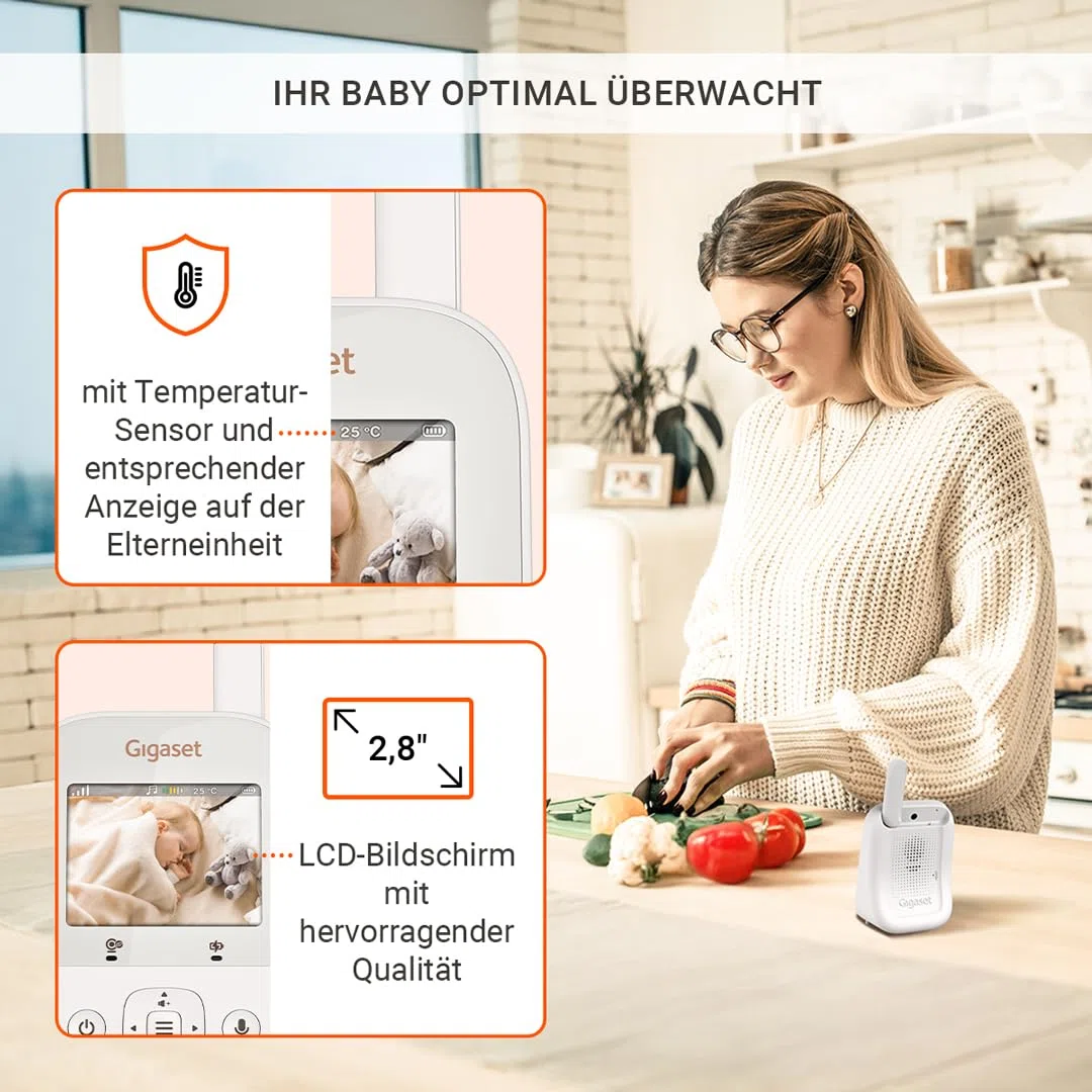 Gigaset Baby 300 Video – Video-Babyphone mit Zwei-Wege-Audio – sichere FHSS Technologie - 2,8“ LCD-Bildschirm - Lange Akkulaufzeit–Nachtlicht-Temperatursensor, Cream White/Warm Grey [Deutsche Version]