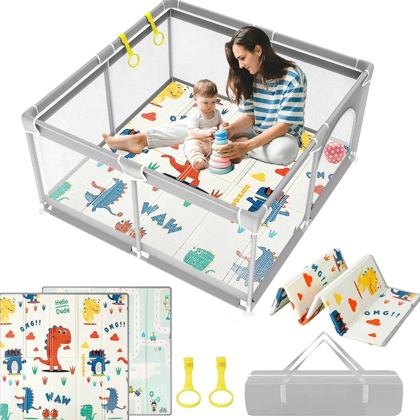 120x120cm Laufstall Baby,Laufgitter Baby Faltbar mit Matratze,Kinder Laufgitter mit Spielmatte 4 Saugnäpfen, Schaum Matte,Atmungsaktivem Mesh Reißverschlusstür