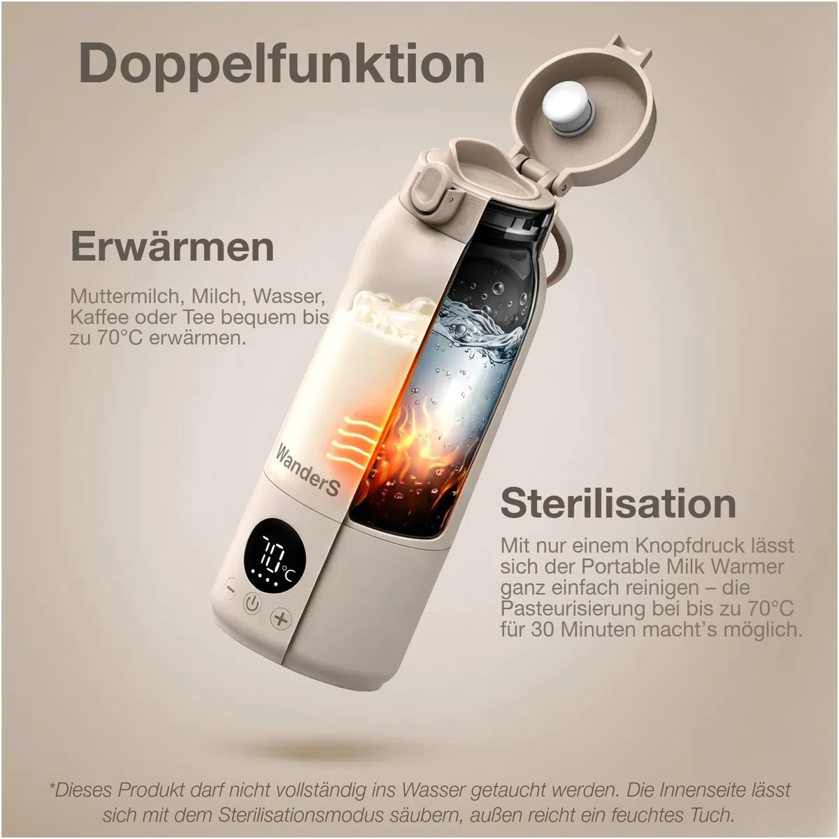 Tragbarer Flaschenwärmer Baby von WanderS – 500ML Milchwärmer mit Präziser Temperaturkontrolle, Integrierter Sterilisator, 316L Edelstahl, USB-C Schnellladung, IPX6 Wasserdicht & Sicherheitsverschluss