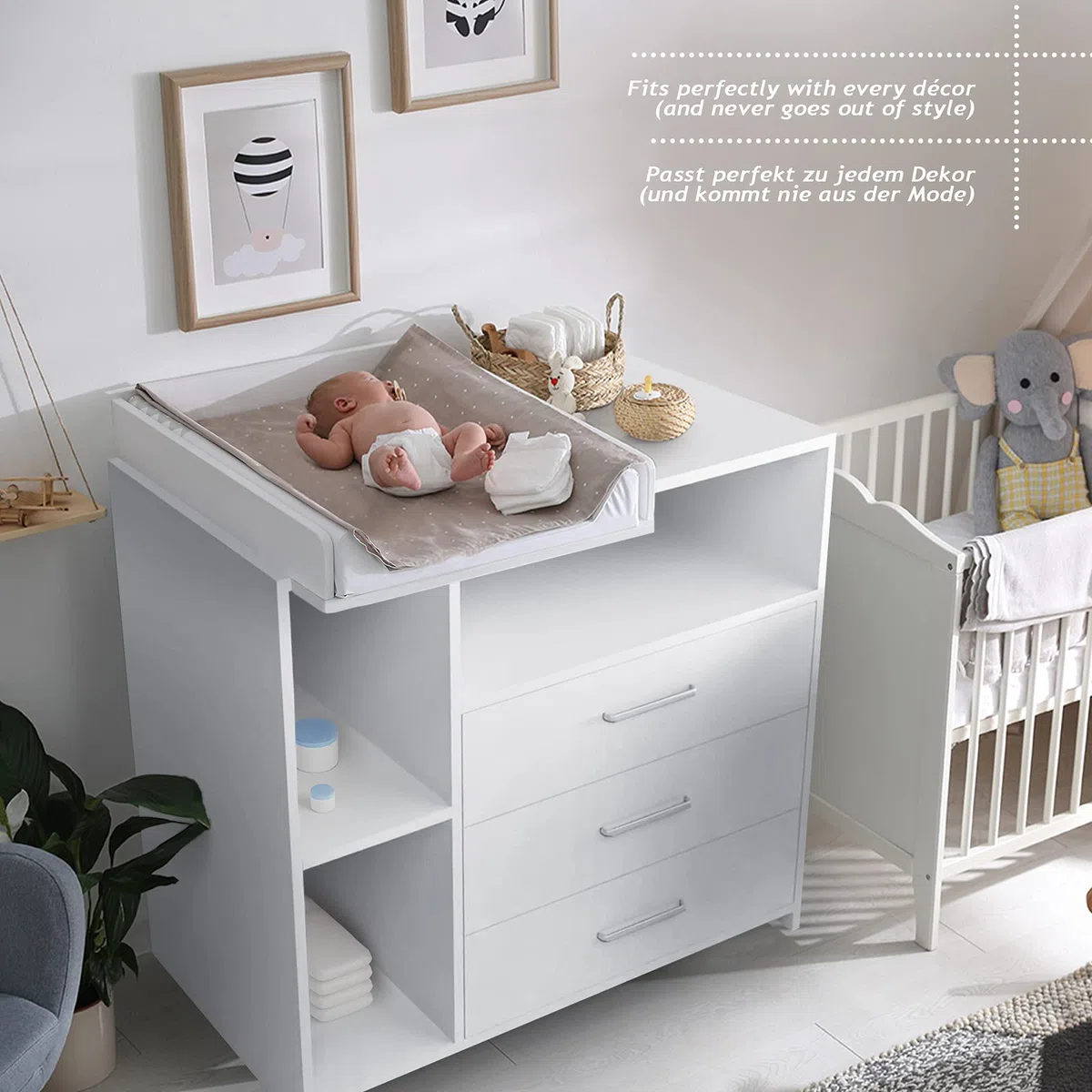 Infantastic Wickelkommode 3 Schubladen 3 Fächer 113x53x101.6 cm MDF Weiß Grau Sonoma Baby Kommode Wickeltisch