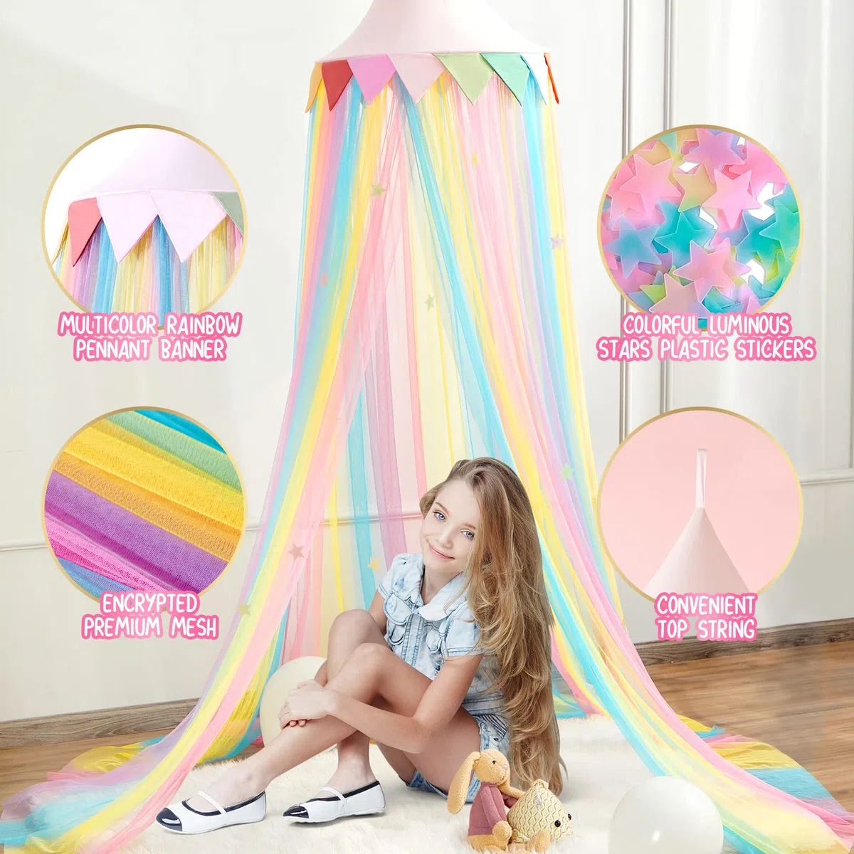LOAOL Regenbogen-Betthimmel, Kinder-Baldachin für Prinzessin und Mädchen, Feentraumzelt Mit 28 Mehrfarbigen Sternen, Hängenetz für Schlafzimmer, Leseecken und Zimmer
