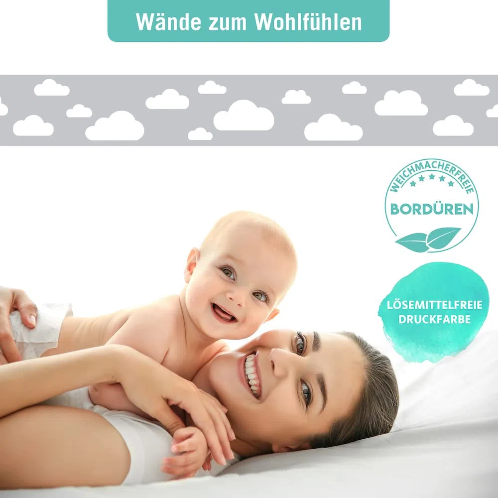 Bordüre selbstklebend WOLKE GRAU - Wandbordüre Kinderzimmer Babyzimmer mit Wolken - Wandtattoo Schlafzimmer Junge – Wanddeko Baby Kinder