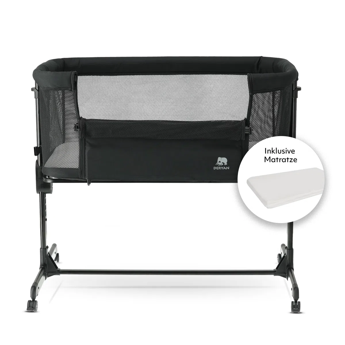 Deryan Snoozy Co-Sleeper 3 in 1 Babybett bis 9 kg, Beistellbett, Wiege, Höhenverstellug und Einstellung der Neigung der Matratze, 4 Räder mit Bremse Ergonomische Matratze Tasche (Schwarz)