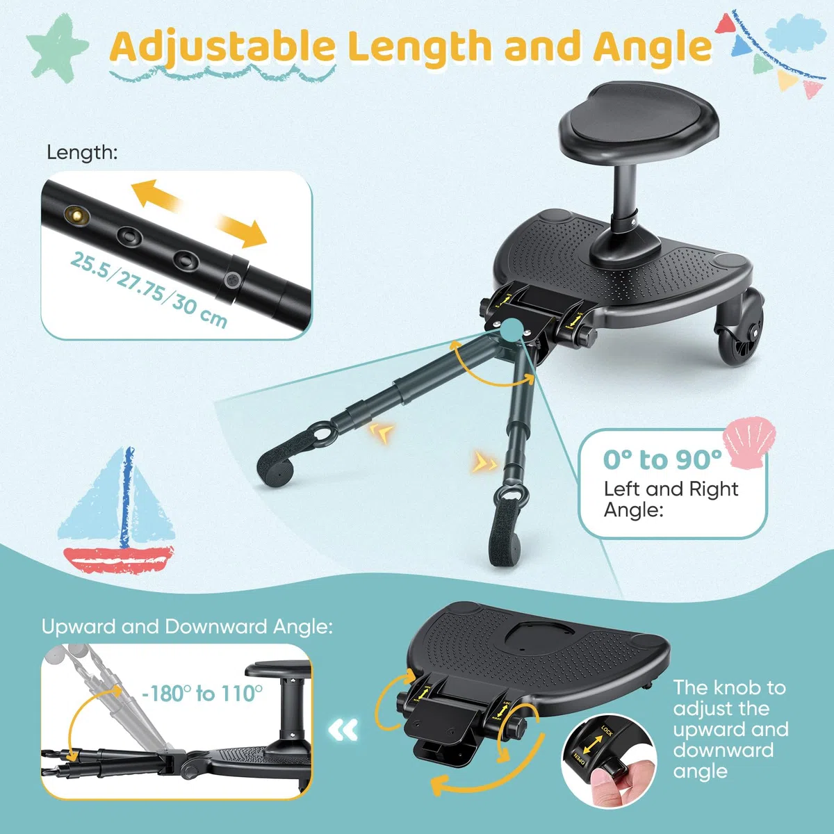 Buggy Board mit Großer Sitz, Trittbrett Für Knderwagen Universal, Buggy Board mit Sitz für Kinder von 2-6 Jahren, Bearing 25KG (Schwarz)