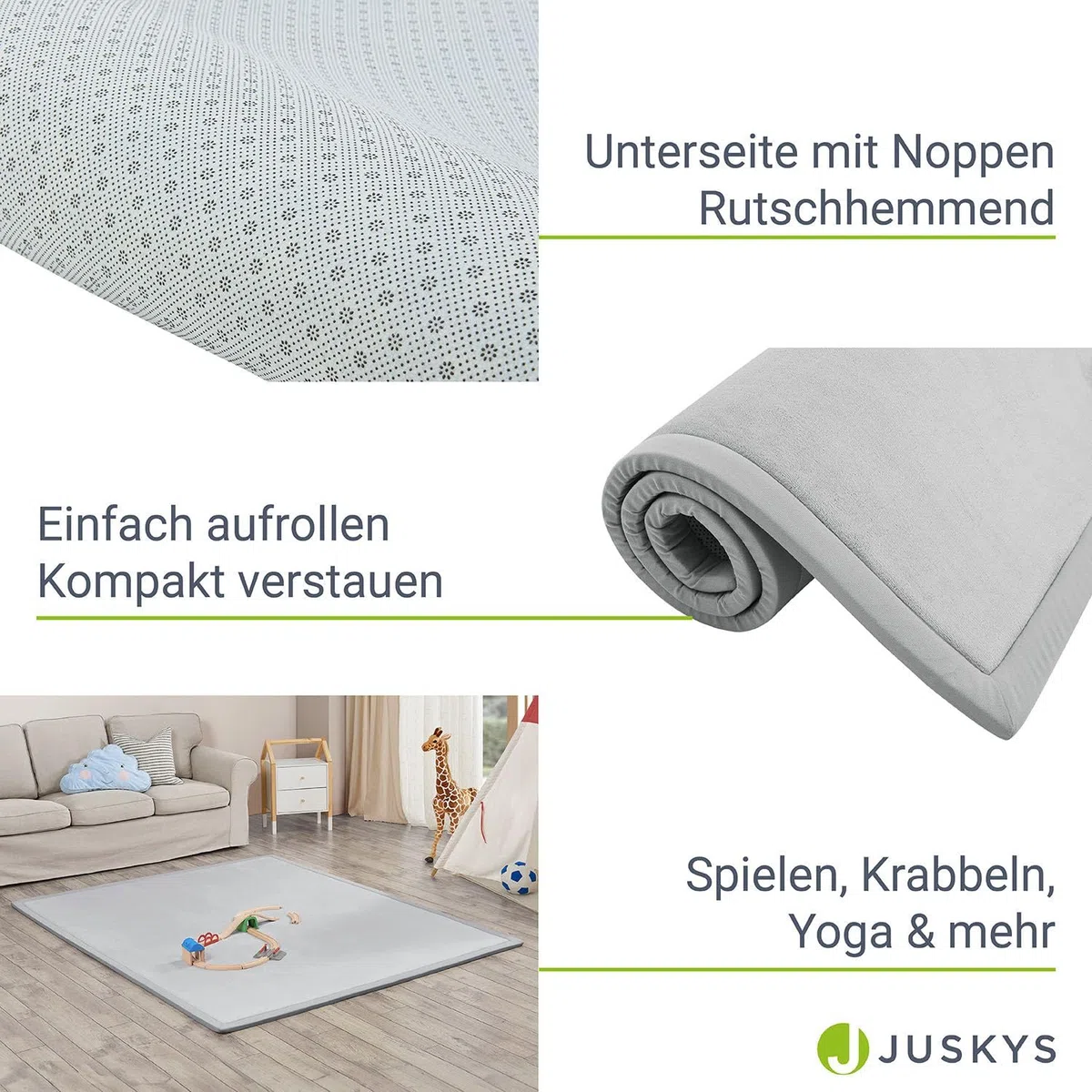 Juskys Krabbelmatte Spielmatte Krabbeldecke 220x180cm Samtmatte Teppich für Kind, Baby, Yoga - rutschfest, weich Kinderteppich Spielteppich in Grau