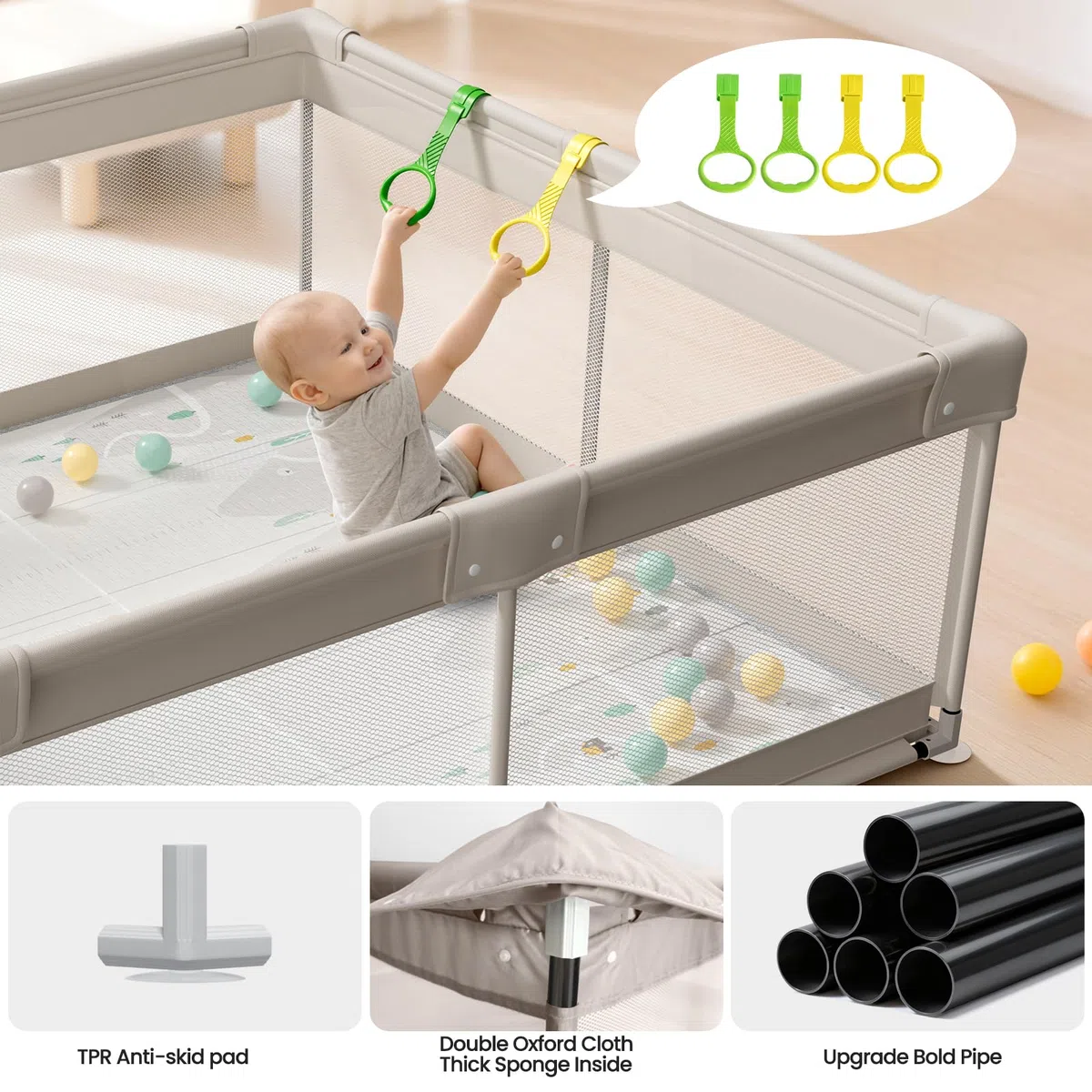 Laufstall Baby mit Matratze 150x150cm - Laufgitter Baby mit Faltbar Krabbelmatte und 4 Griffen, Playpen mit Spielmatte
