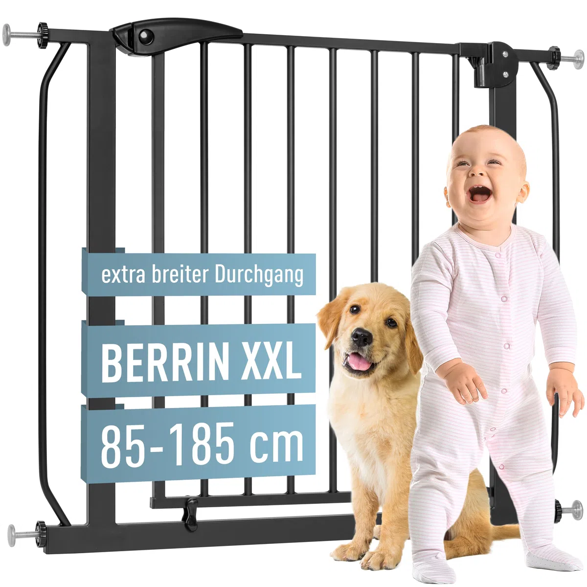 ib style Berrin XXL Treppenschutzgitter 85-185cm, Ohne Bohren, Türgitter Baby, Türschutzgitter Hund, Schwarz, 85-95 cm