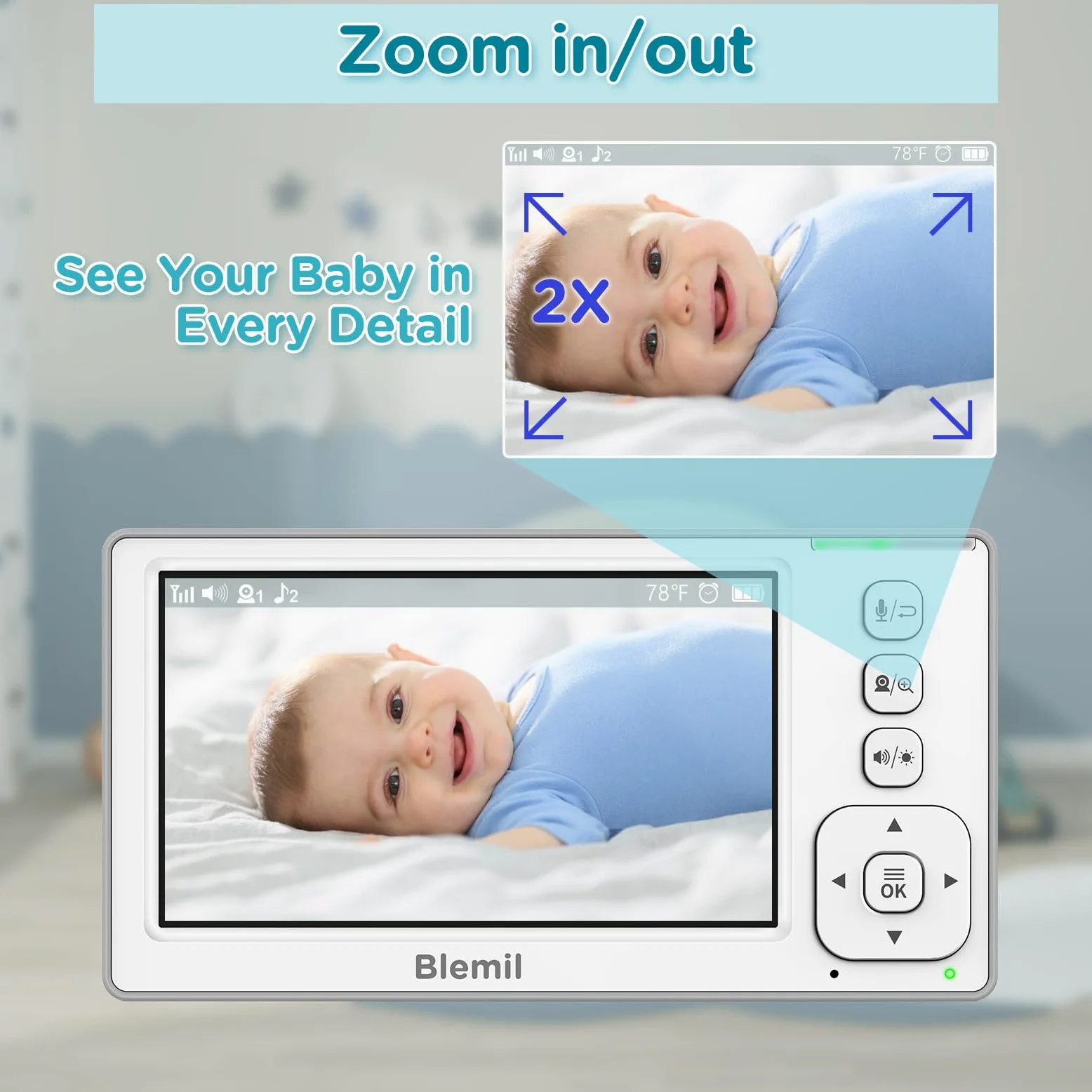 Blemil Babyphone, 4.3 ''Sreen mit 29-Stunden-Akku, Schwenk-Neige-Zoom-Video-Babyphone mit Einer Kamera und Audio, Infrarot-Nachtsicht, ECO, 2-Wege-Gespräch, 8-Lullabies, Kein WLAN