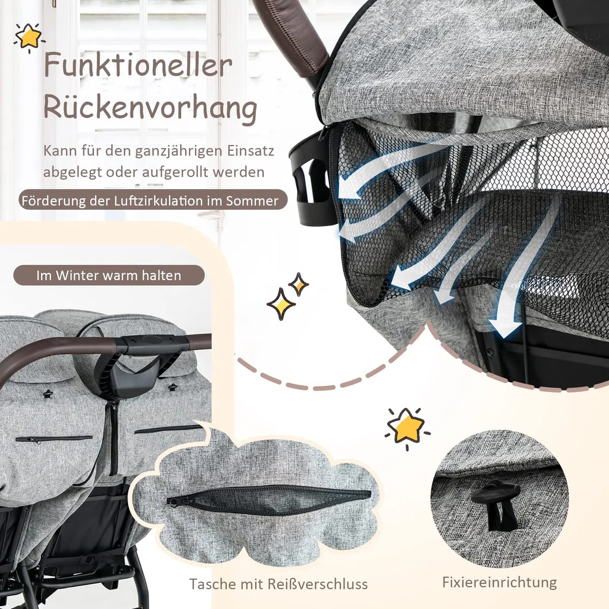 DREAMADE Geschwisterwagen, Doppelkinderwagen für 2 Kinder, Zwillingswagen Faltbar, Buggy mit Doppelsitz, Kinderwagen (Grau)