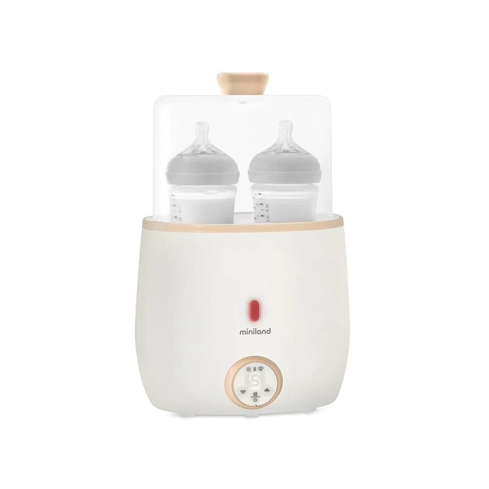 Miniland Warmy Twin Babyflaschen- und Sterilisator, 2-in-1 Schnellerwärmung für Babynahrung, mit Digitalanzeige, präzise Temperaturregelung für Muttermilch (Beige)