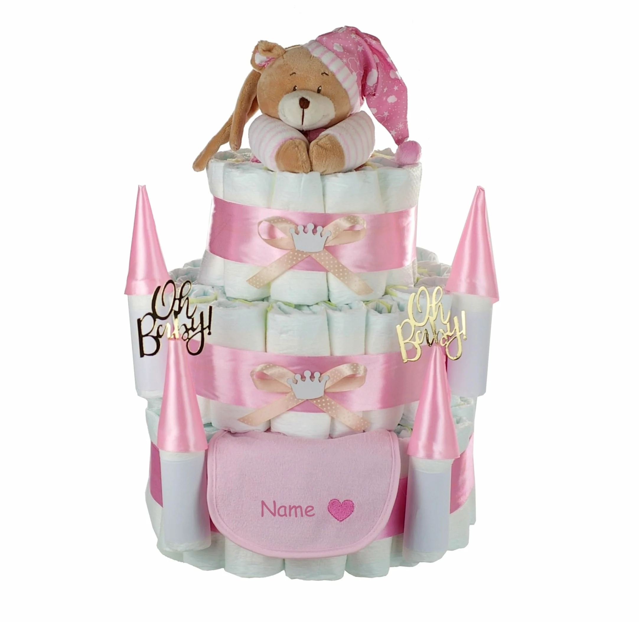 Große Windeltorte Windelschloss, 3-stöckig | Spieluhr Teddybär rosa + personalisierbar mit Name | Prinzessin-Edition mit Teddybär und Lätzchen, Baby Geschenkset