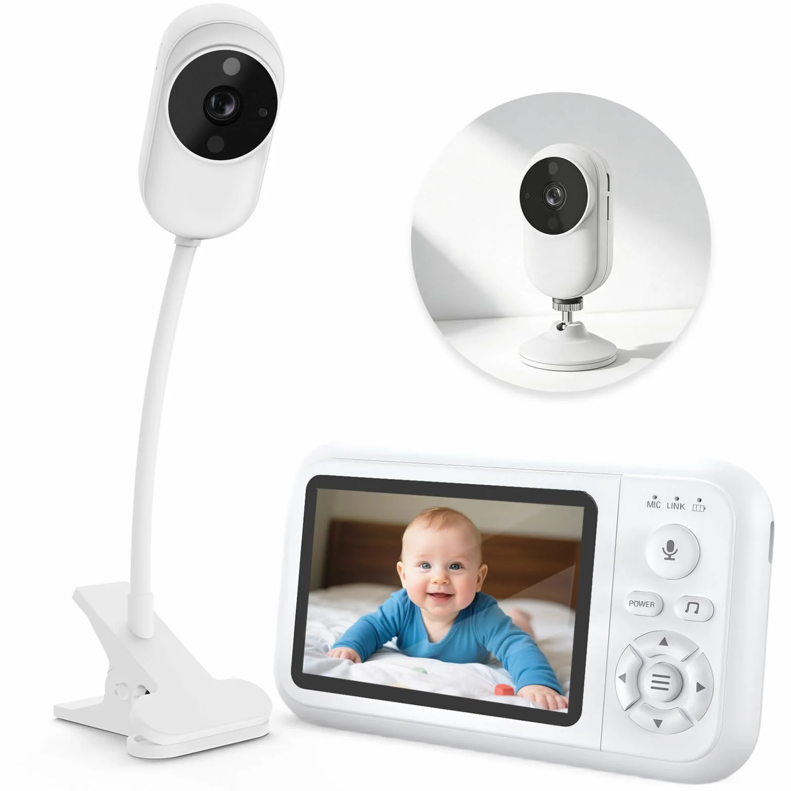 Babyphone mit Kamera & Halterung inkl. Bettclip, HD Video Baby Monitor Ohne WLAN, Nachtsicht, Zwei-Wege-Audio, VOX-Modus, Temperatursensor, Schlaflieder, 3,5" Babyfon für Erstausstattung Neugeborene