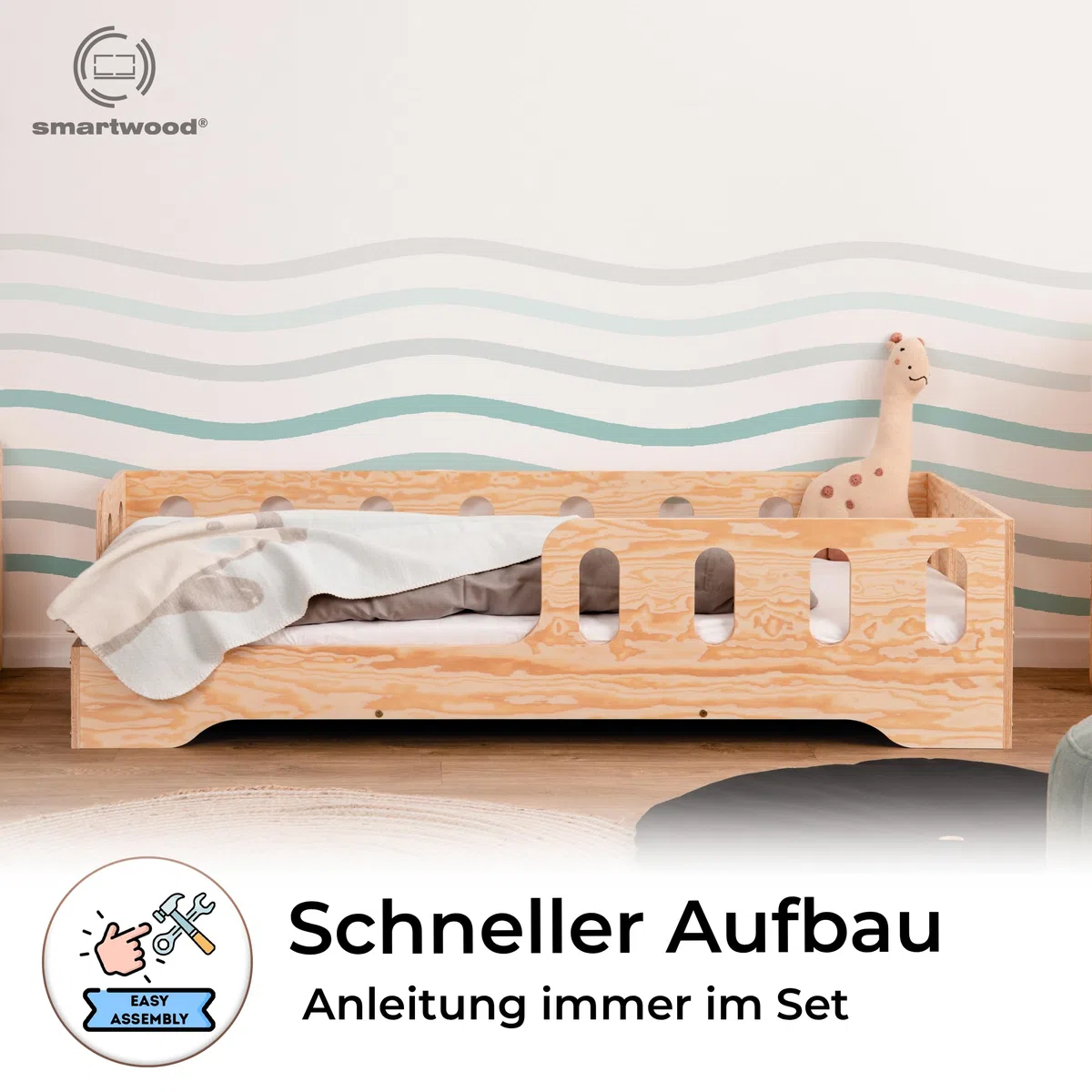 smartwood Bodenbett 90x200 cm mit Rausfallschutz, Holz, TILA 1L | Montessori Kinderbett, Lattenrost belastbar bis 230 kg, FSC-Zertifikat, abgerundete Kanten, Einfache Montage, ab 3 Jahren