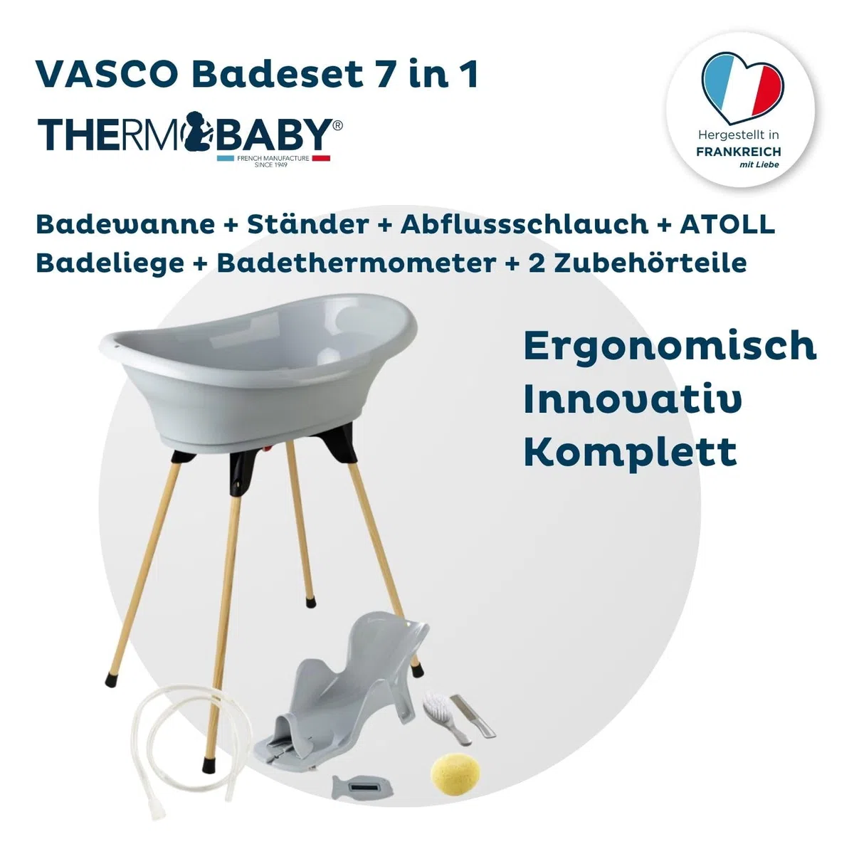 Thermobaby - VASCO 7-in-1-Babybadepaket - Badewanne, Holzfuß, Abflusschlauch, Badeliege, Thermometer -Bürste, Kamm, Schwamm - Zusammenklappbar & Stabil - Grau Charme