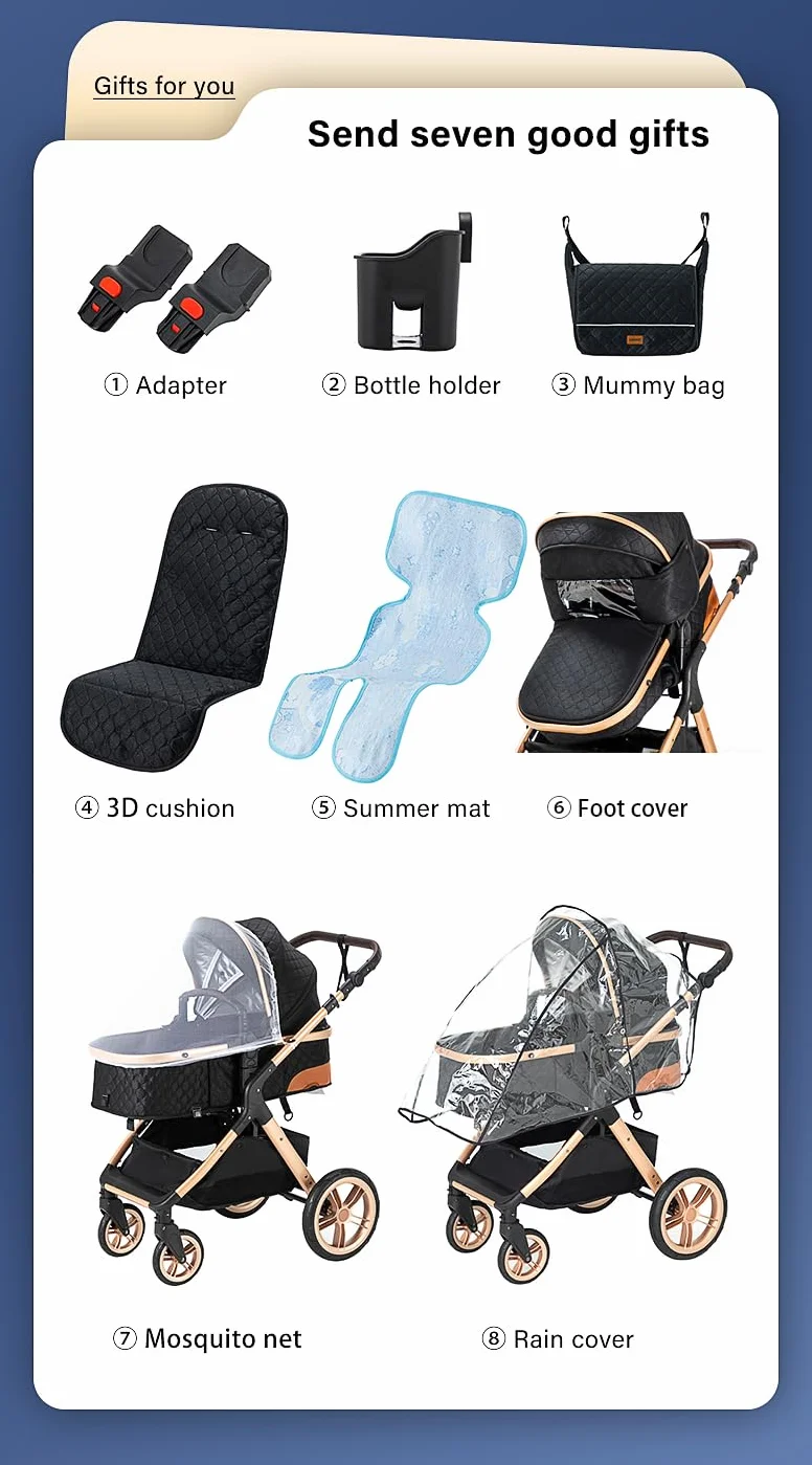 kinderwagen 3 in 1, Zusammenklappbarer Kinderwagen KombiKinderwagen Aluminiumrahmen für Neugeborene Getränkehalter Moskitonetz Regendecke Sitz Windelbeutel (3 in 1 XX1 Creme)