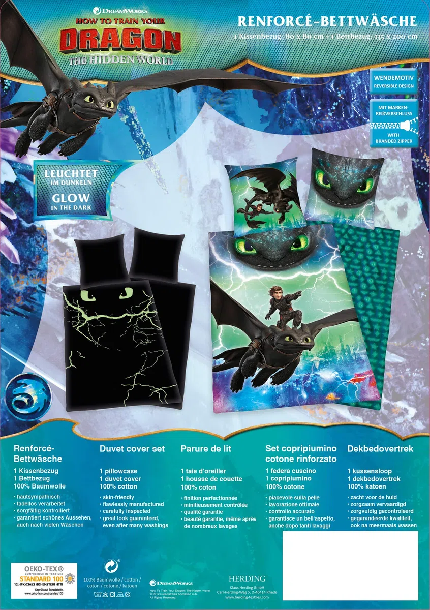 Herding DREAMWORKS DRAGONS Bettwäsche-Set, Wendemotiv, Bettbezug 135 x 200 cm, Kopfkissenbezug 80 x 80 cm, Baumwolle/Renforcé