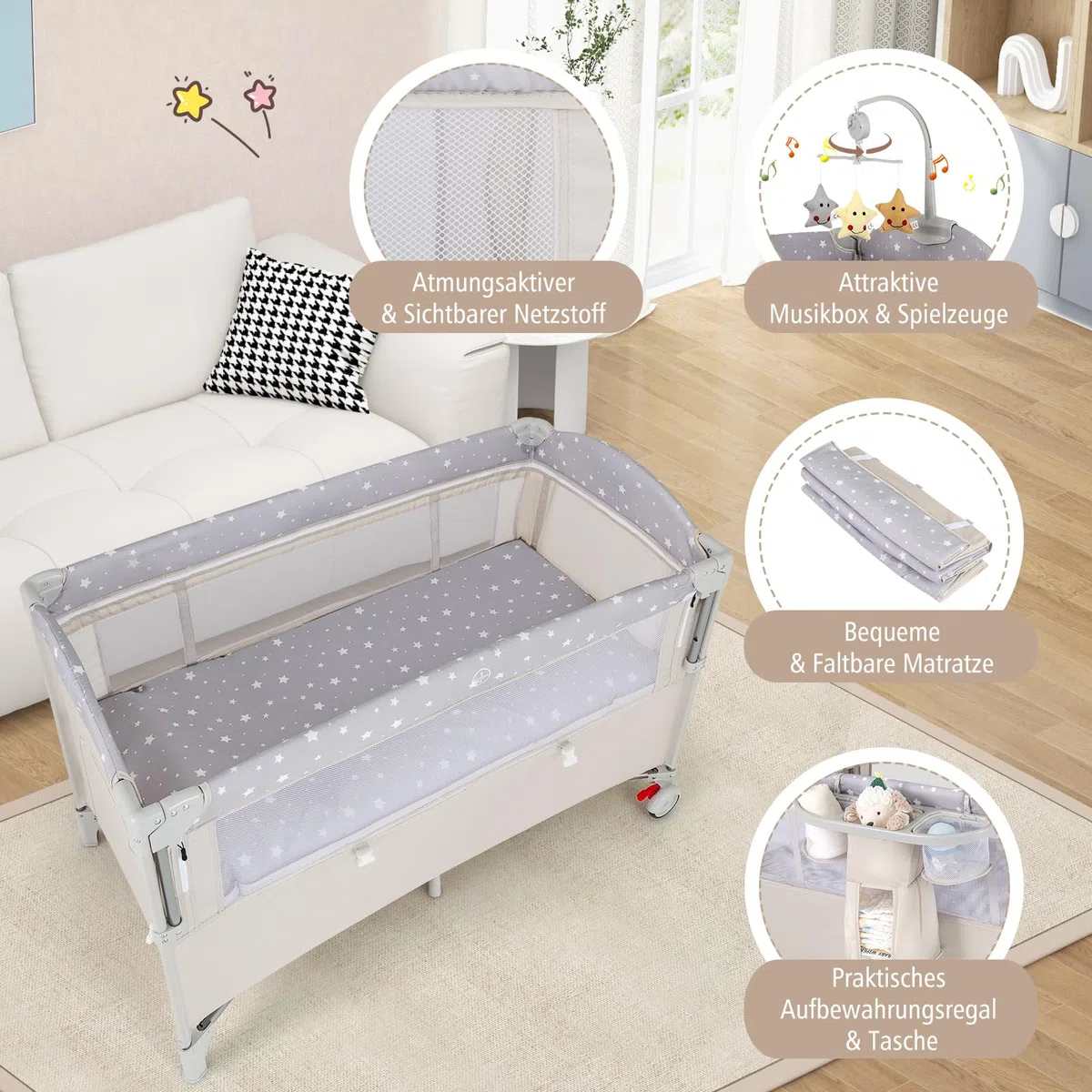 GOPLUS 5 in 1 Baby Beistellbett, Reisebett mit Wickelablage, Laufstall, Spieluhr, Spielzeug & Aufbewahrungskörben, Babybett klappbar mit Tragetasche für Baby bis 3 Jahren (Beige)