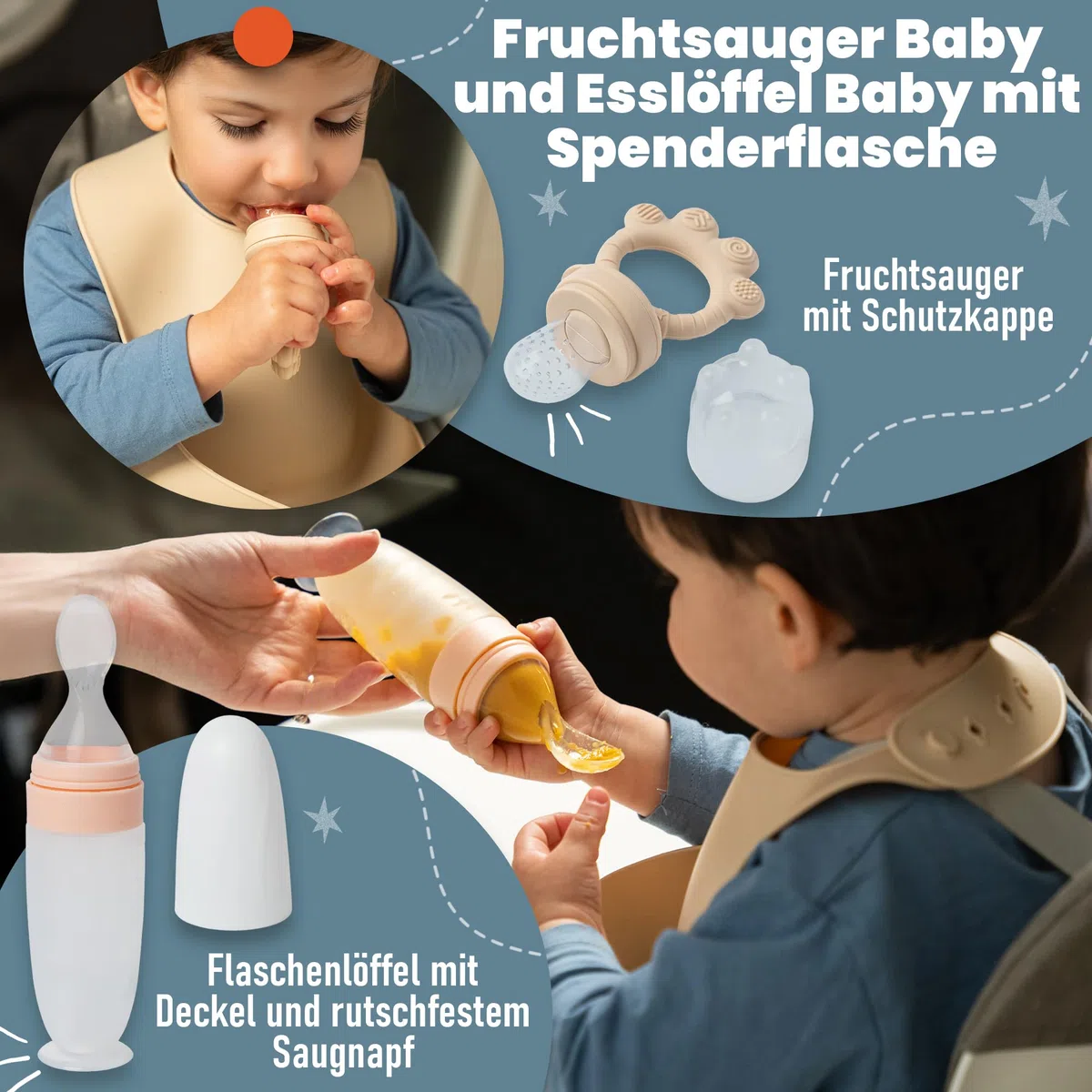 Kindergeschirr set aus Silikon mit Transport oder Aufbewahrungstasche - Kinderbesteck ab 1 jahr - Beikost baby zubehör - Fruchtsauger Baby - Esslernlöffel Baby mit Squeeze Flasche