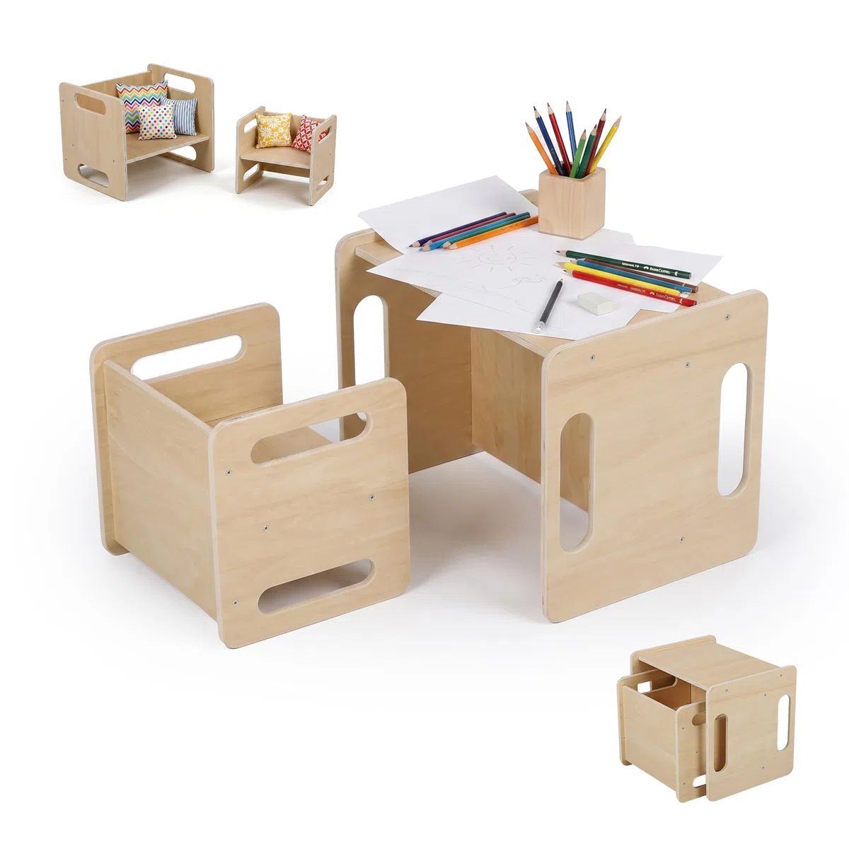 Relaxdays Kindersitzgruppe, 2-teiliges Set, Kindertisch mit Stuhl, Holz, Montessori Sitzgruppe, Kinderzimmer, Natur