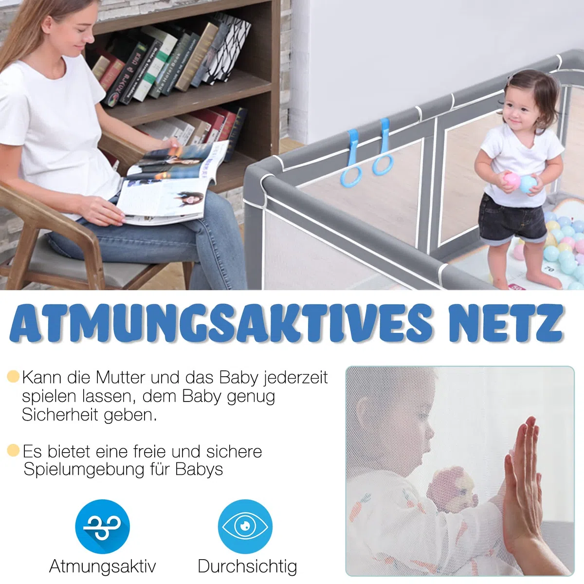 ACXIN Laufstall Baby Laufgitter 127x127x68cm mit Rutschfester Basis und Atmungsaktivem Netz, Stabiler Absperrgitter Aktivitätszentrum für Kinder, Grau