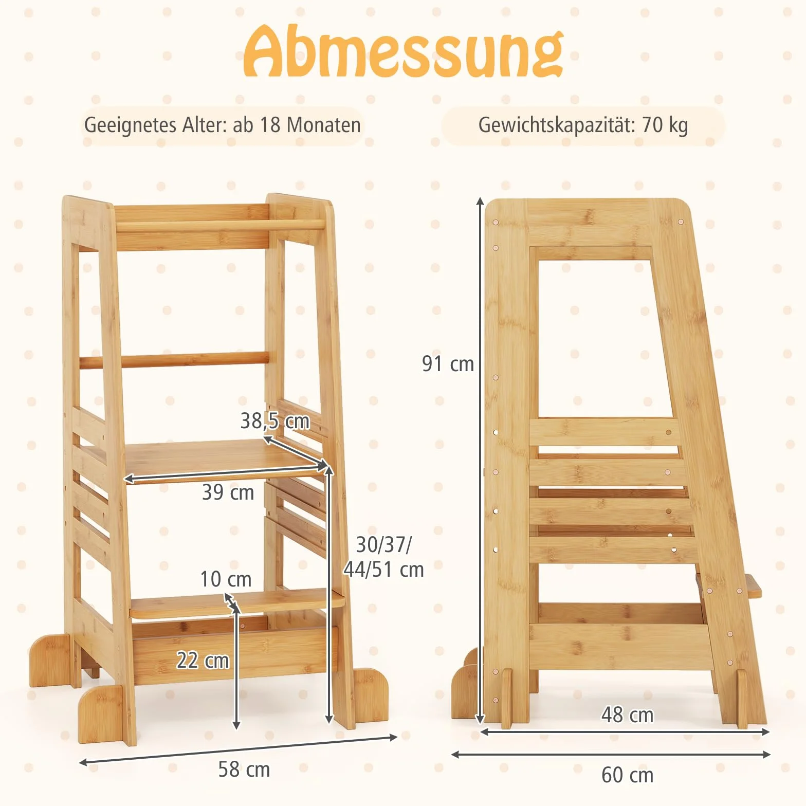 COSTWAY Lernturm Kinder aus Bambus, Tritthocker Montessori mit 4 verstellbaren Höhen & Sicherheitsgeländer, Trittleiter bis 70 kg Belastbar, Trittschemel für Kinder ab 1 Jahren, Natur