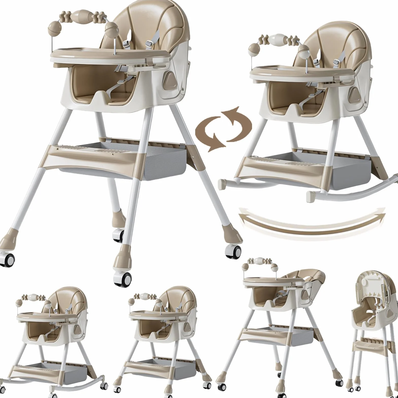 MoLi PU-Leder Hochstuhl Baby mit Schaukelfunktion, Hochstuhl mit Rädern, Verstellbarer und Leicht Zusammenklappbarer Kinderhochstuhl, Hochstühle mit Doppeltablett (560 Khaki)