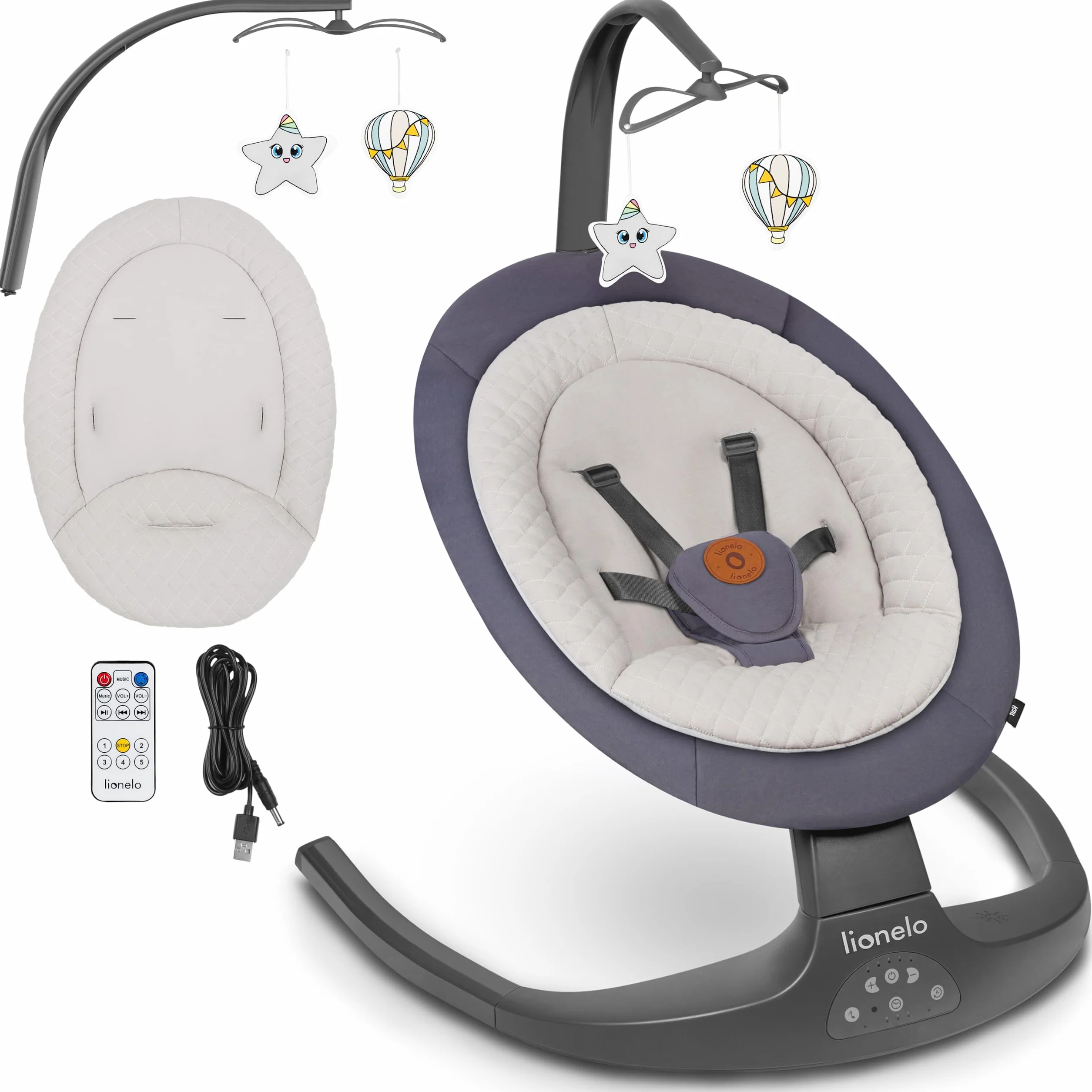 LIONELO Ralf 2in1 Babywippe und Liegestuhl, Fernbedienung, 12 Melodien | zwei Schaukelrichtungen, 5 Schaukelgeschwindigkeiten, Sperrung, Rückenlehnenverstellung, Timer, leiser Betrieb