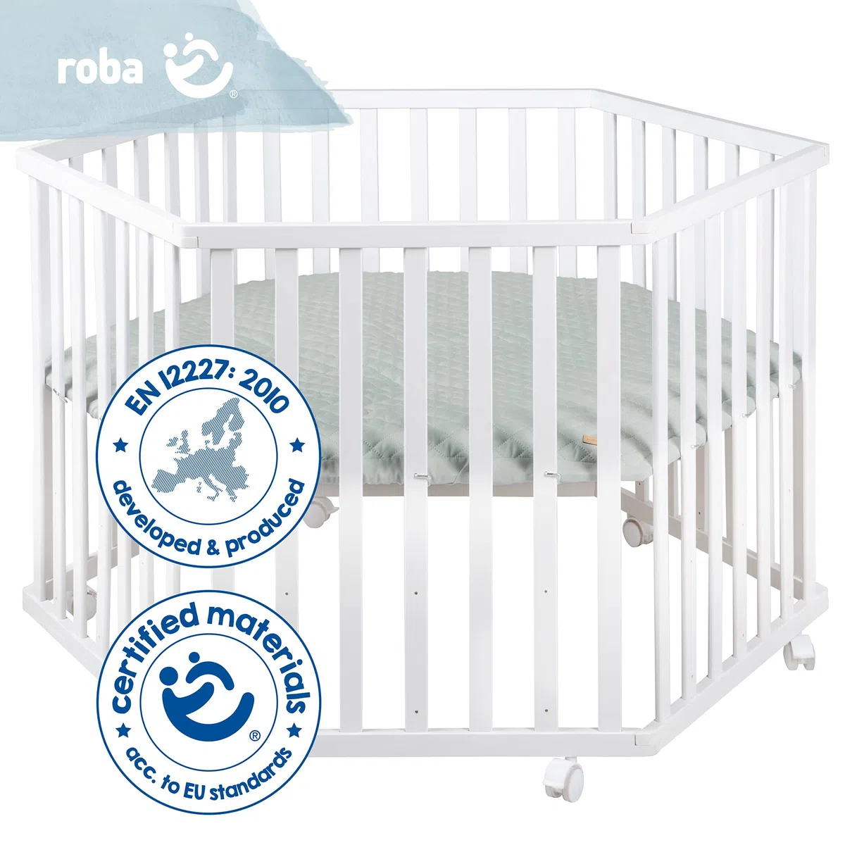 roba Laufgitter 6-eckig - Baby Spielgitter hexagonal + Einlage roba Style frosty green - 3-fach höhenverstellbar - Mobiler Laufstall mit Rollen - Holz weiß