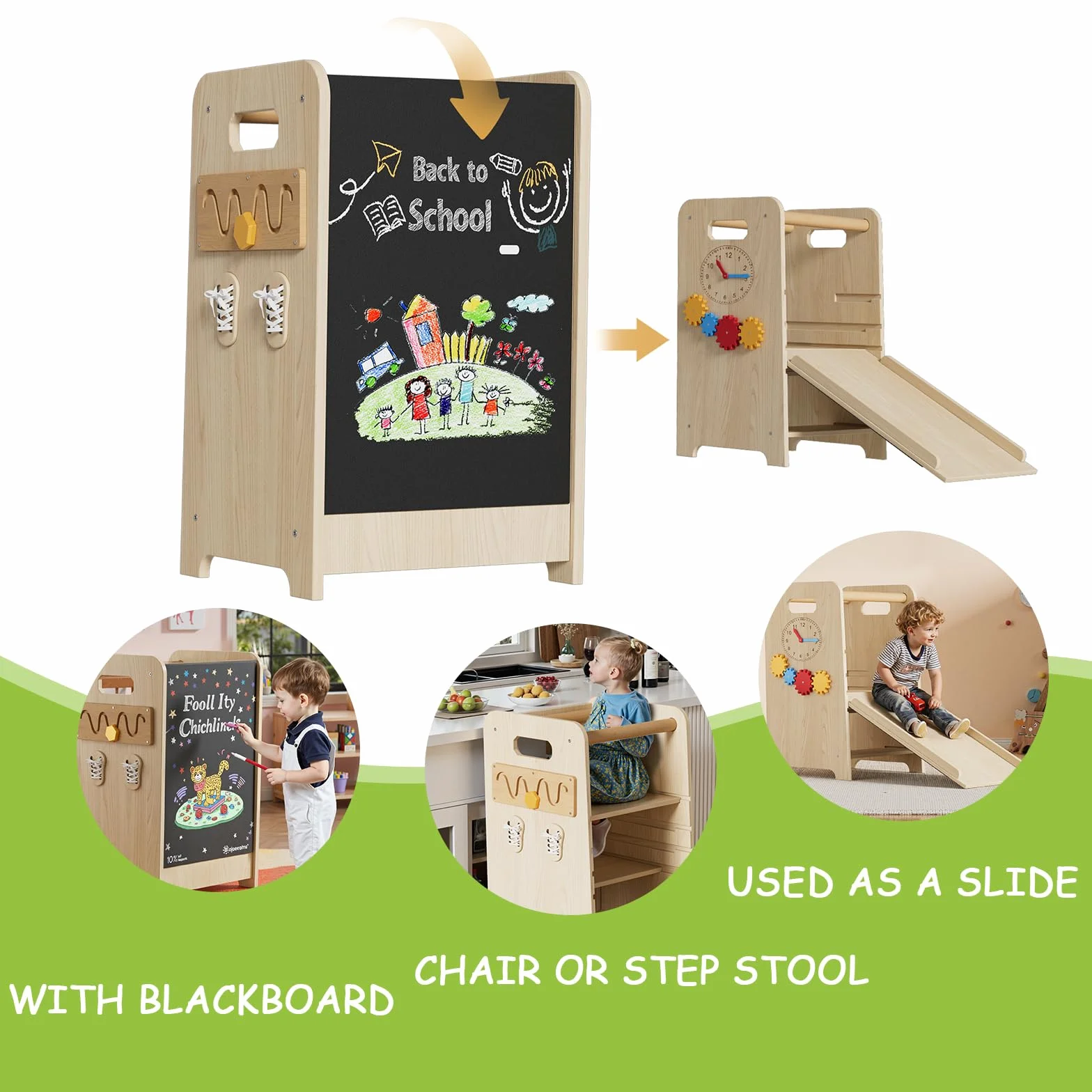 Montessori Lernturm ab 1 Jahr 4-in-1 Trittleiter Holz mit Tafel & Schiebeleiter 4-Fach Höhenverstellbarer Learning Tower Küchenhelfer Tritthocker Kinder Kippsicher Montessori-Lernstuhl für Küche & Bad