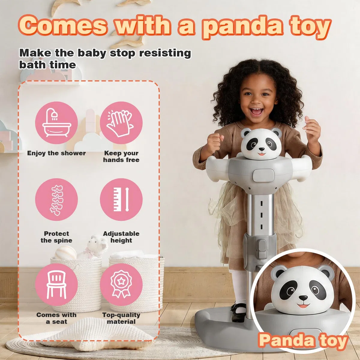ALLUMK Höhenverstellbare Baby Badehilfe mit süßem Panda Design, Anti-Rutsch-Basis, ergonomischer Badeständer für sicheres stehendes Baden von Kleinkindern