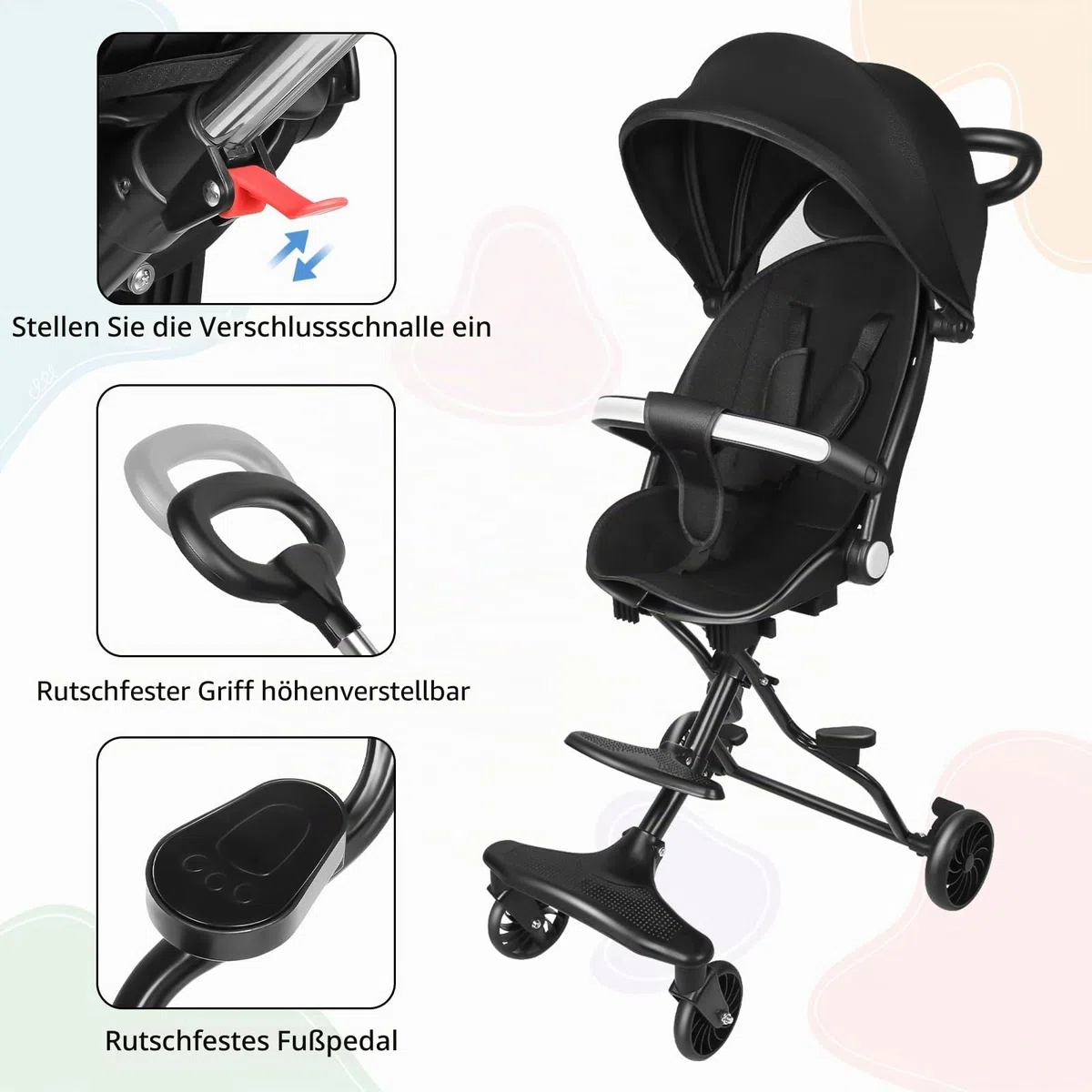 Kinderwagen, 0 – 4 Jahre, 0 – 25 kg, Kinderwagen, leicht und kompakt, verlängerte Position, automatisches Zusammenklappen, 30 x 55 x 86,5 cm – Schwarz