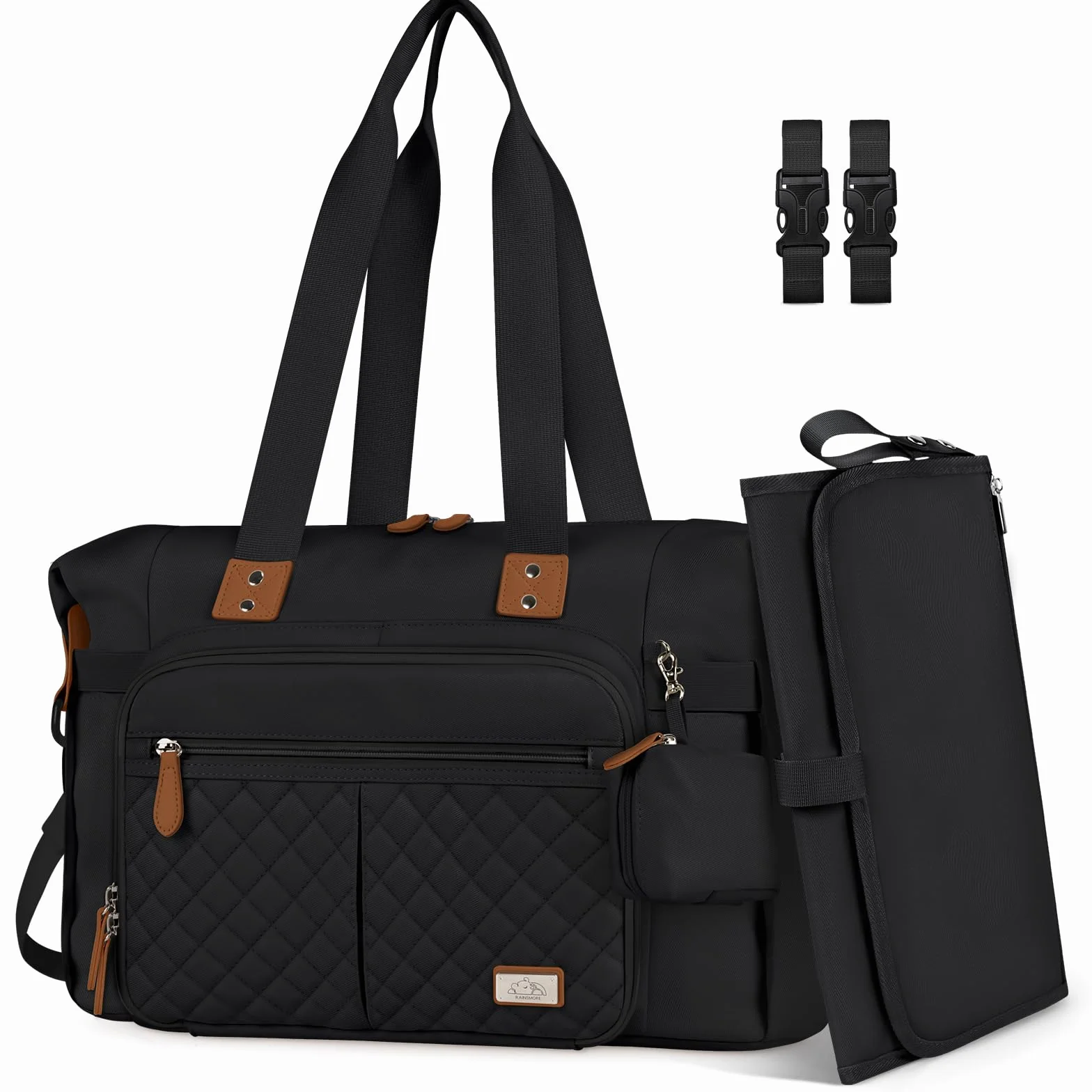 RAINSMORE Baby Wickeltasche Groß mit Schnullertasche und Wickelunterlage Multifunktions Babytasche Reisewindeltasche für Mama und Papa Schwarz