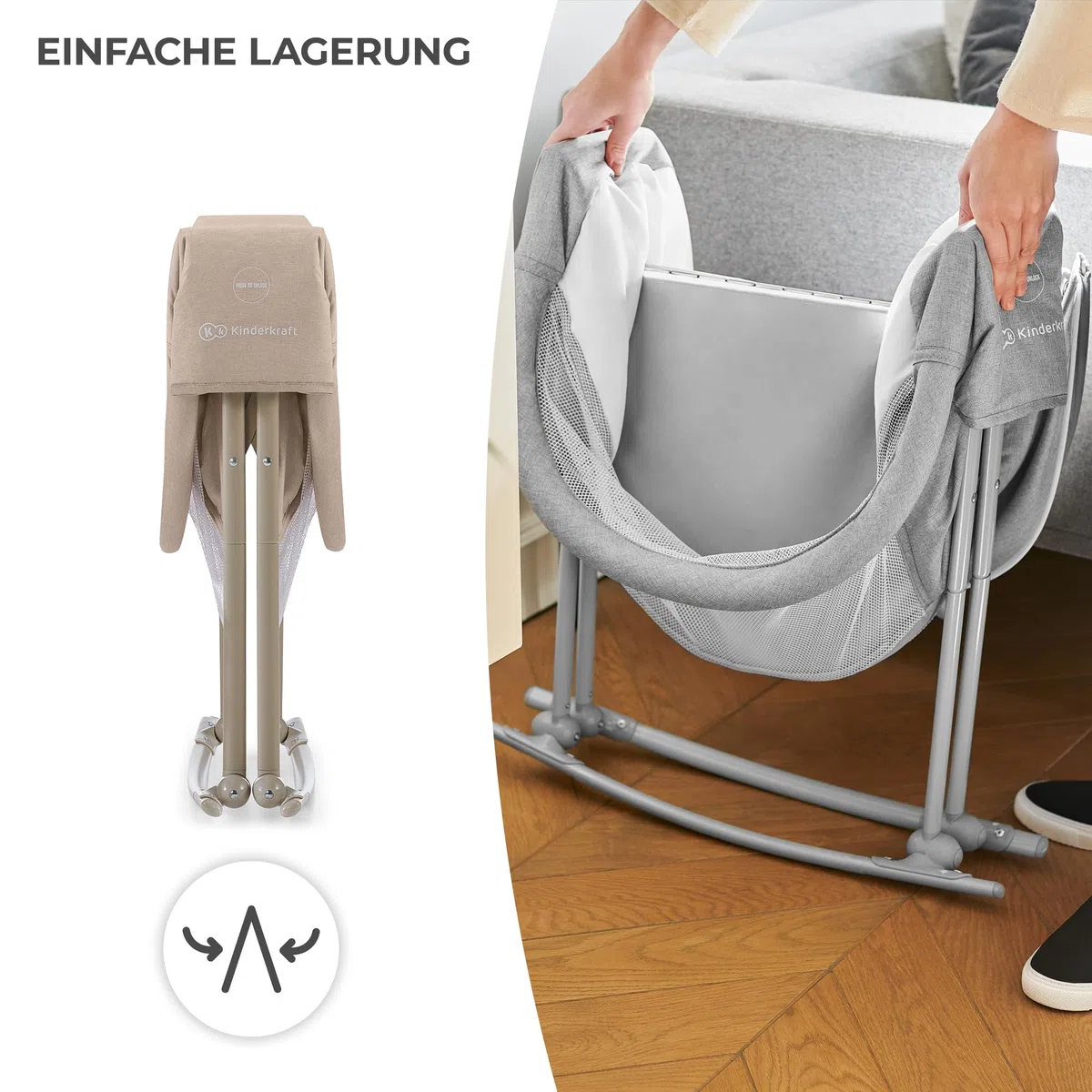 kk Kinderkraft Kinderkraft Kinderbett 3 in 1 lOVI, Kinderreisebett, Stubenwagen, Babywiege, Baby Wippe, Zusammenklappbar, Einfach Transport, mit Zubehör, Tasche, Moskitonetz,von Geburt bis 9 kg, Beige