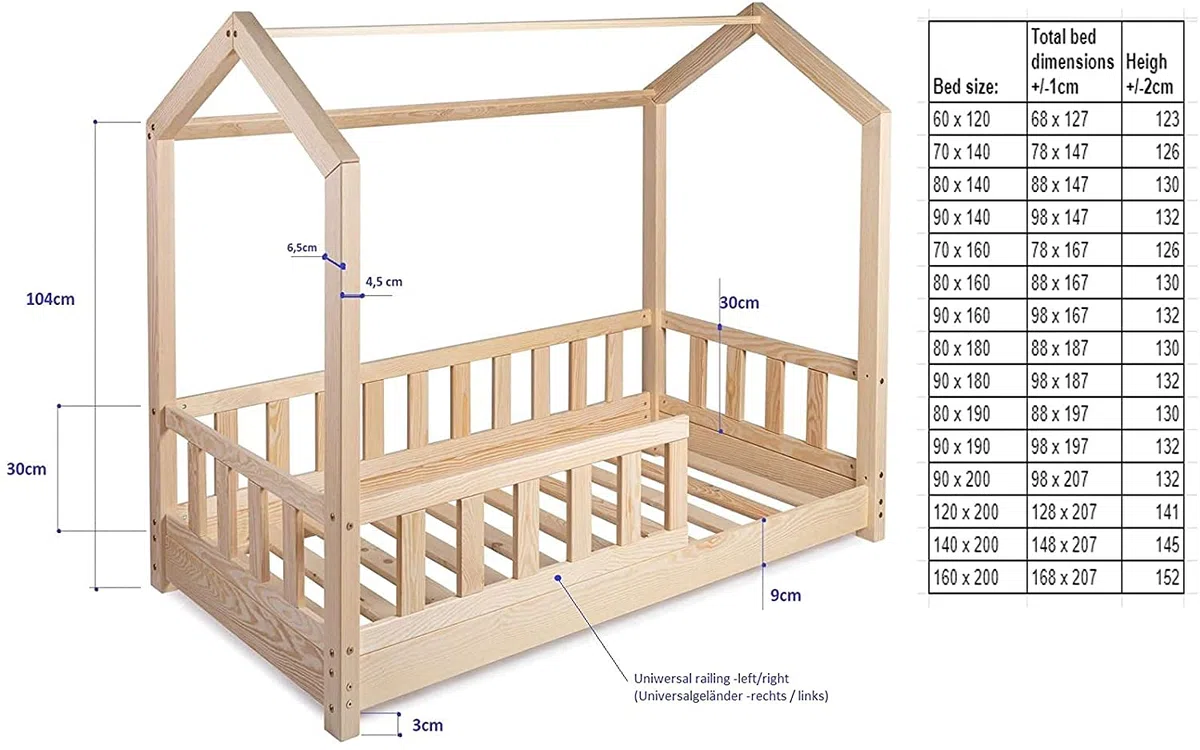 Kinderbett Bett Hausbett 60x120 mit Rausfallschutz Latternost Bettgestell aus Kiefer Holz für Haus Kinder Jungen & Mädchen - Holzbett Baby Kinderzimmer Junge Deko (Rausfallschutz: MIT)
