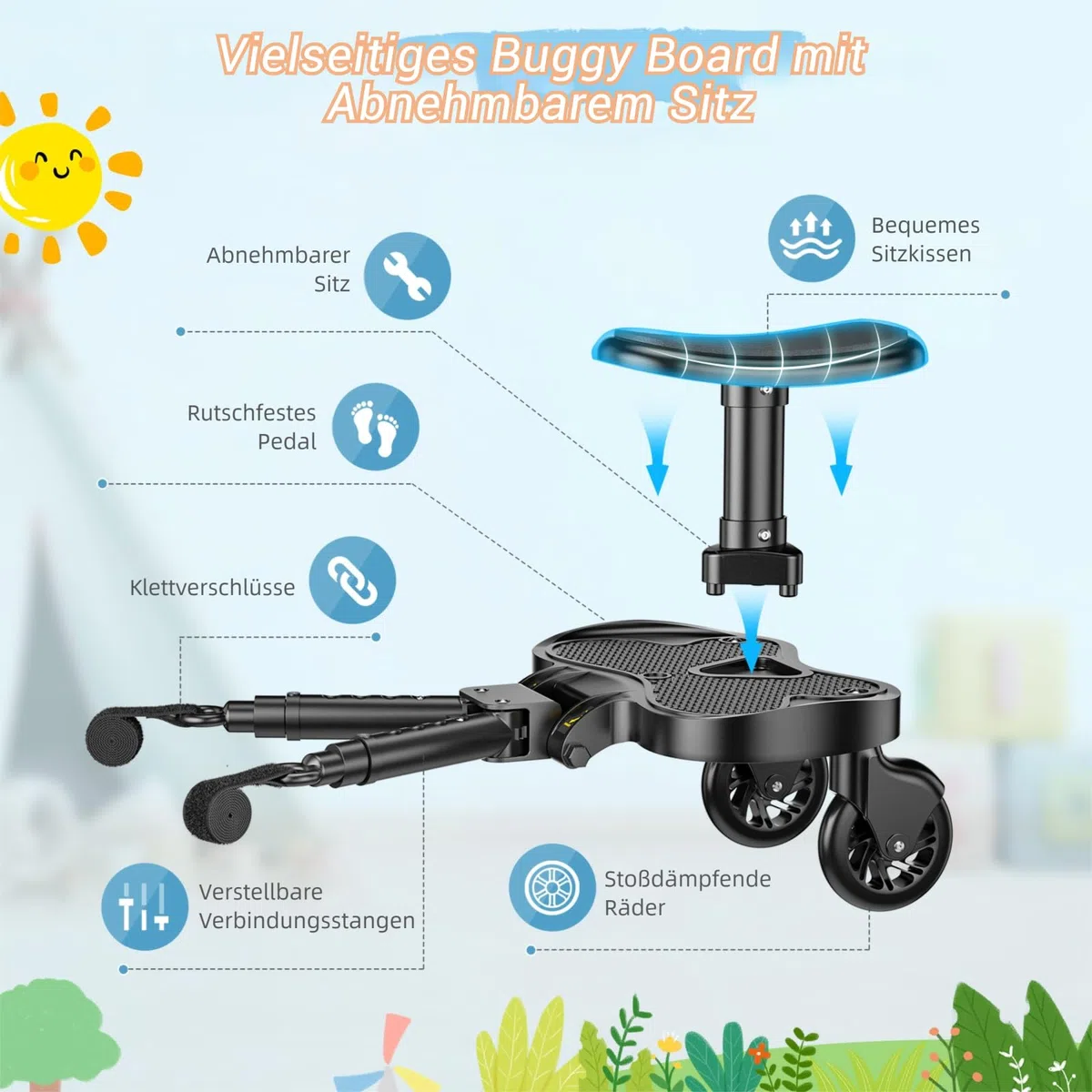 Buggy Board mit Sitz, Trittbrett für Kinderwagen Universal für Kinder von 2 bis 6 Jahren, Flexible Anpassung Kiddy Board, Kompatibel mit den Meisten Kinderwagen, Bearing 25KG
