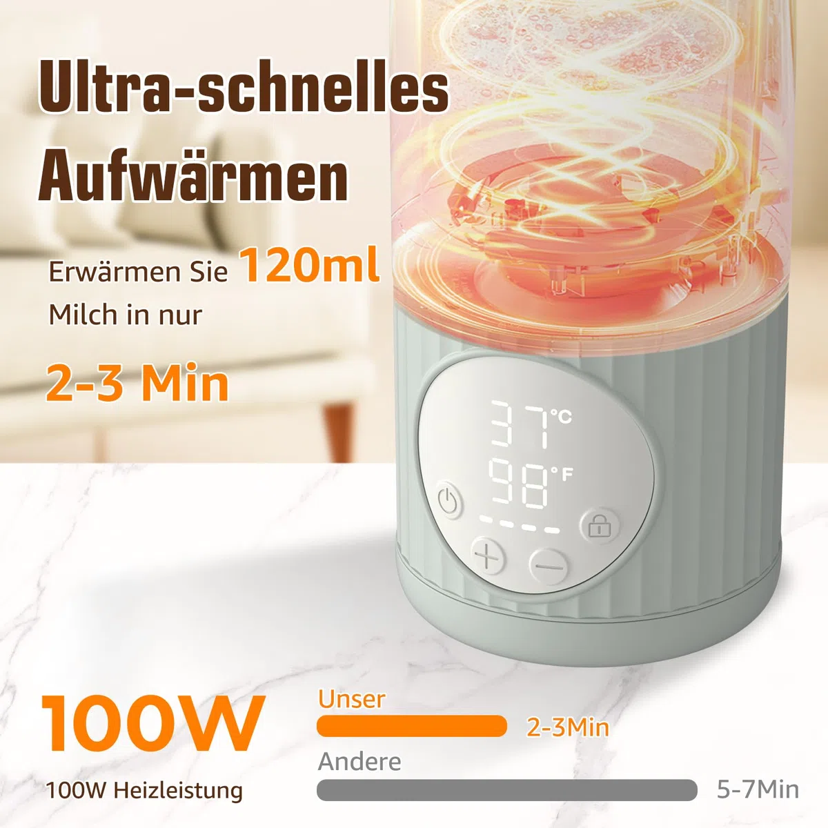 Baby Tragbare Flaschenwärmer für unterwegs für Muttermilch, Formel oder Wasser 380ml große Kapazität, 100W Leistung schnelle Erwärmung & präzise Temperaturkontrolle Milchwärmer für Reisen (Grau)