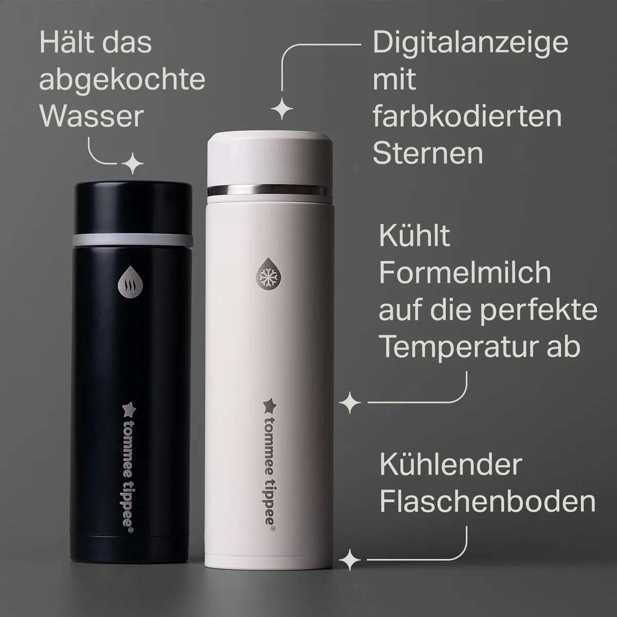 Tommee Tippee PrepGo Zubereiter-Set, Kühlt Babymilch zur guten Temperatur in nur 2 Minuten, Transportierbare Thermosflaschen, Temperaturdisplay