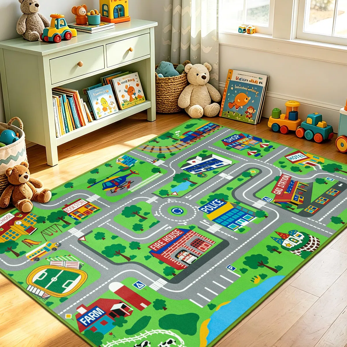 Capslpad Kinder Teppiche,Spielteppich für Kinder Stadtstadt Straße 160x100 cm Kinderteppich Spielmatte Lernbereich Teppich Pädagogischer Spielteppich für Kleinkinder Schlafzimmer