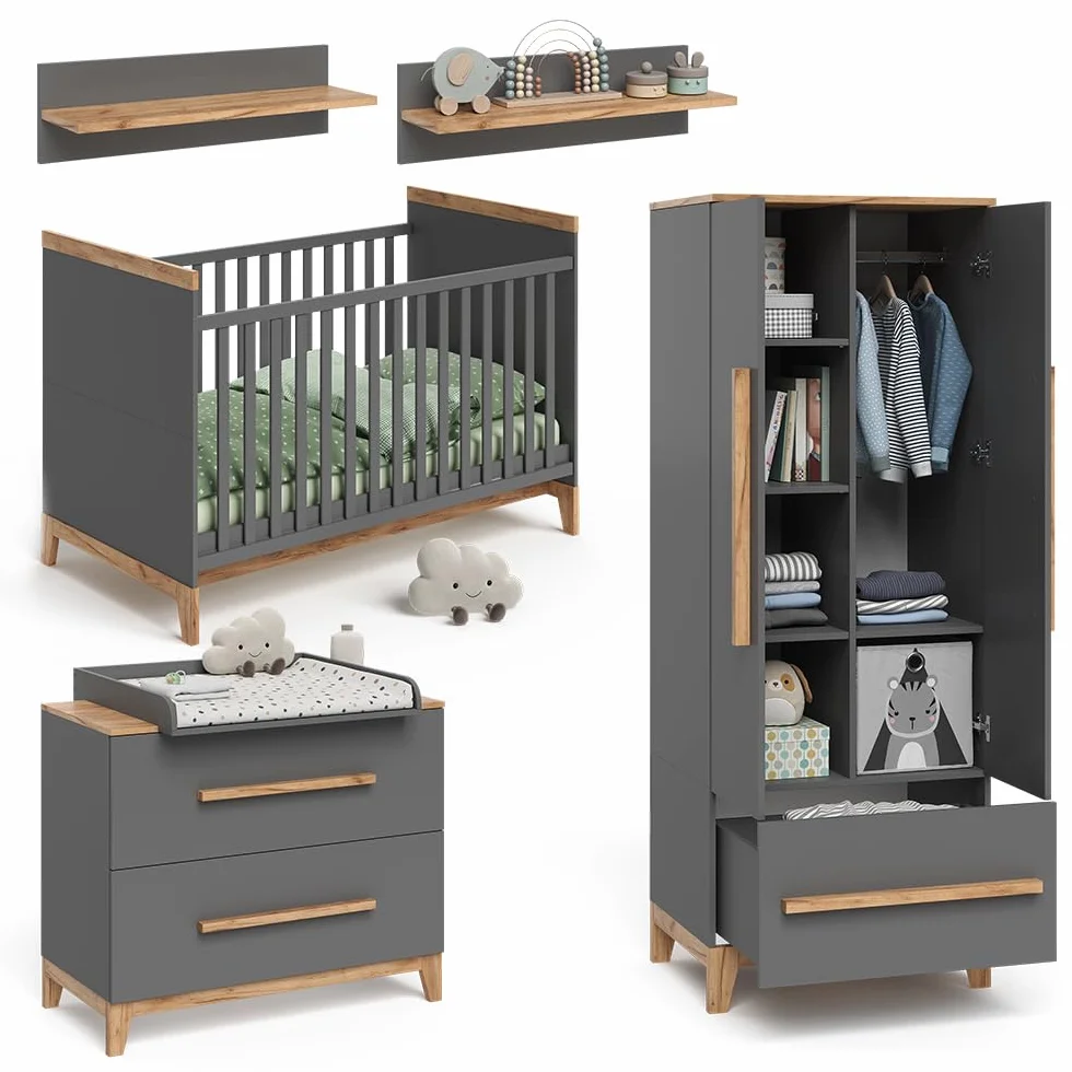 VitaliSpa Kinderzimmer-Set Malia, Grau/Eiche, 4er Set, zur Erweiterung mit weiteren Malia Möbelstücken geeignet