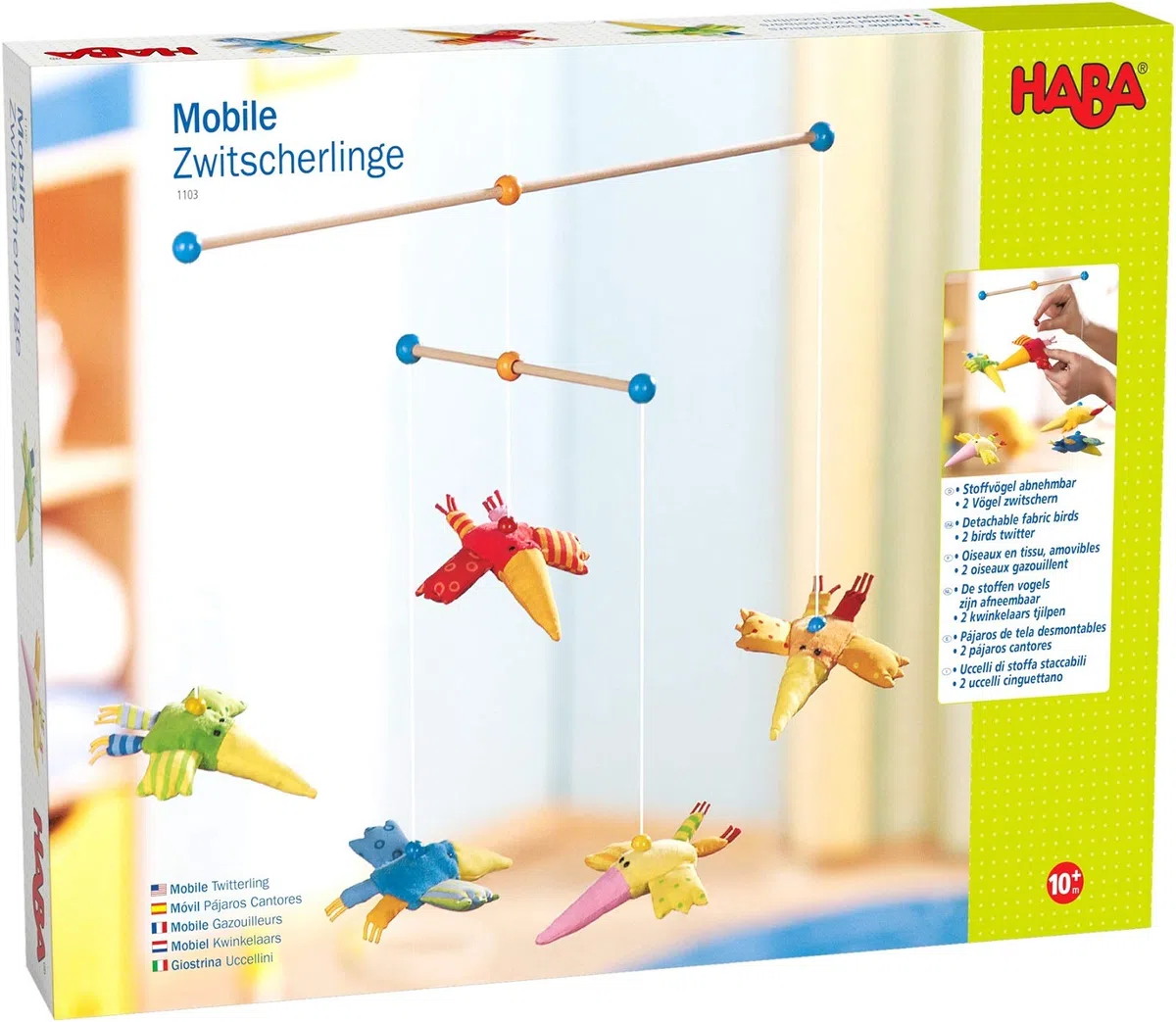 HABA 1103 Mobile Zwitscherlinge, Baby-Mobile zum Aufhängen mit 5 abnehmbaren Vögeln aus Stoff und gelber Sonne, Baby-Spielzeug ab 6 Monaten
