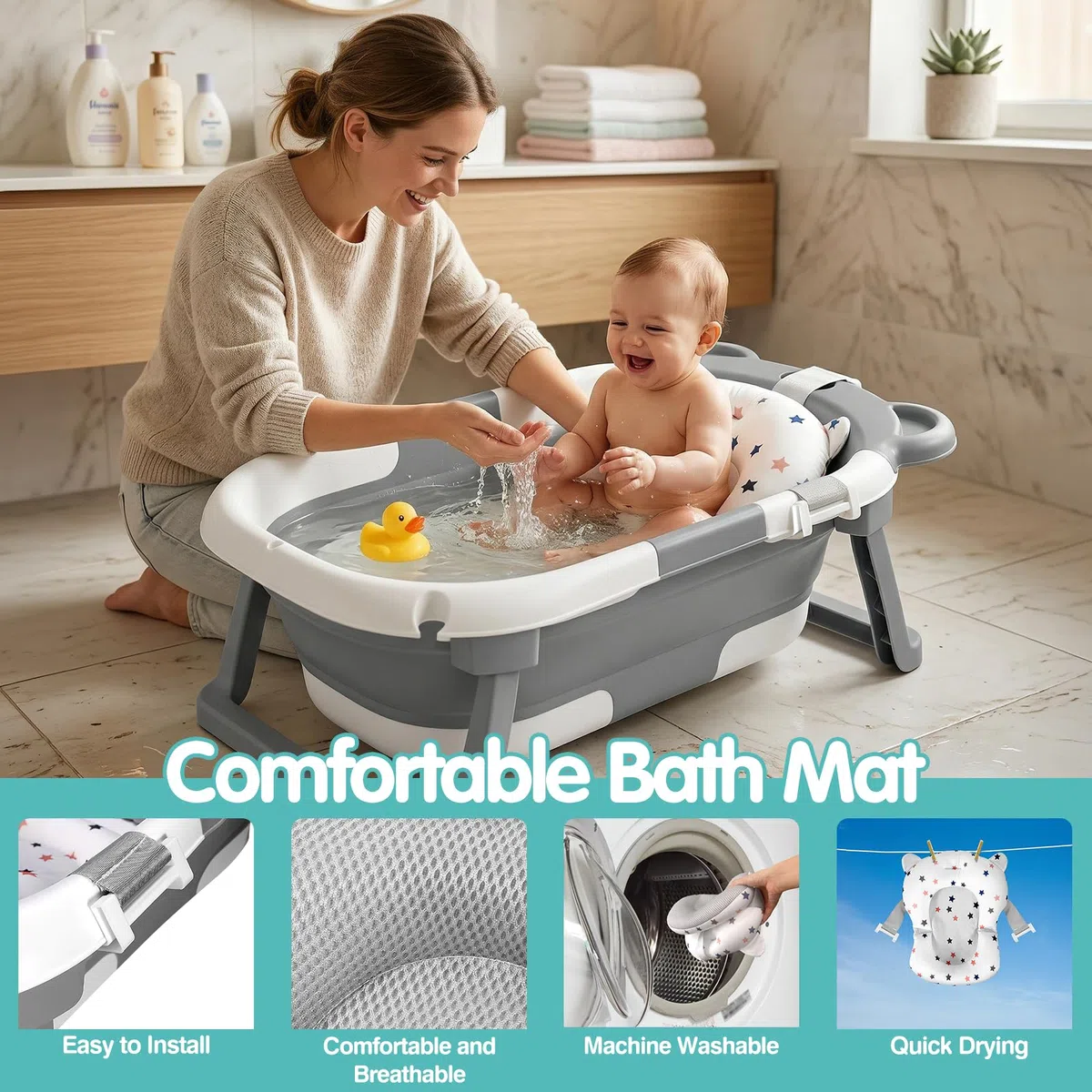 Highbird Baby Badewanne, Faltbare Babywanne mit Stützkissen für Neugeborene & Kleinkinder, Platzsparender, Tragbarer Baby-Badewanne, Komfortabel, Sicher & Robust, Panda-Design (Grau)
