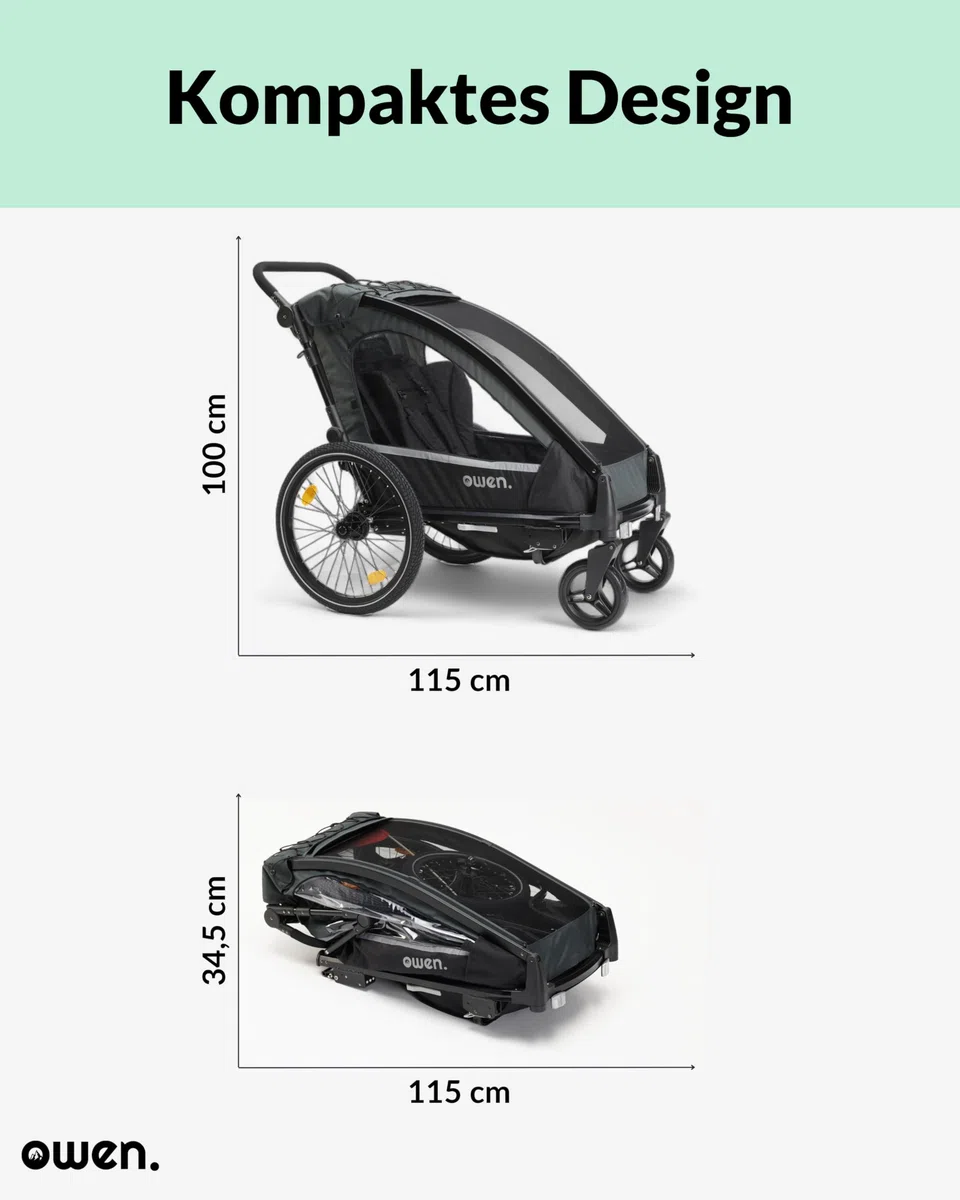 OWEN Kinderwagen 3-in-1 (Multi-Buggy mit Jogger, Fahrradkupplungsset & Fahrradverbindungsarm) | 1 Kind | Kinderanhänger Fahrradanhänger | 360 Grad Rad mit Federung Buggy Jogginrad & Fahrradverbindung