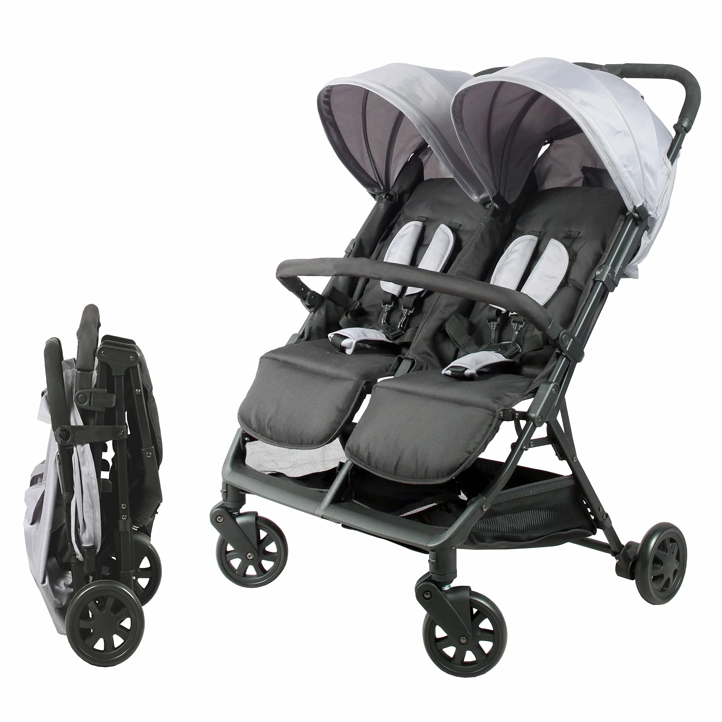 Bambisol Doppelkinderwagen nebeneinander | ideal für Zwillinge ab der Geburt mit ultra-kompaktem Zusammenklappen | Farbe Schwarz und Grau