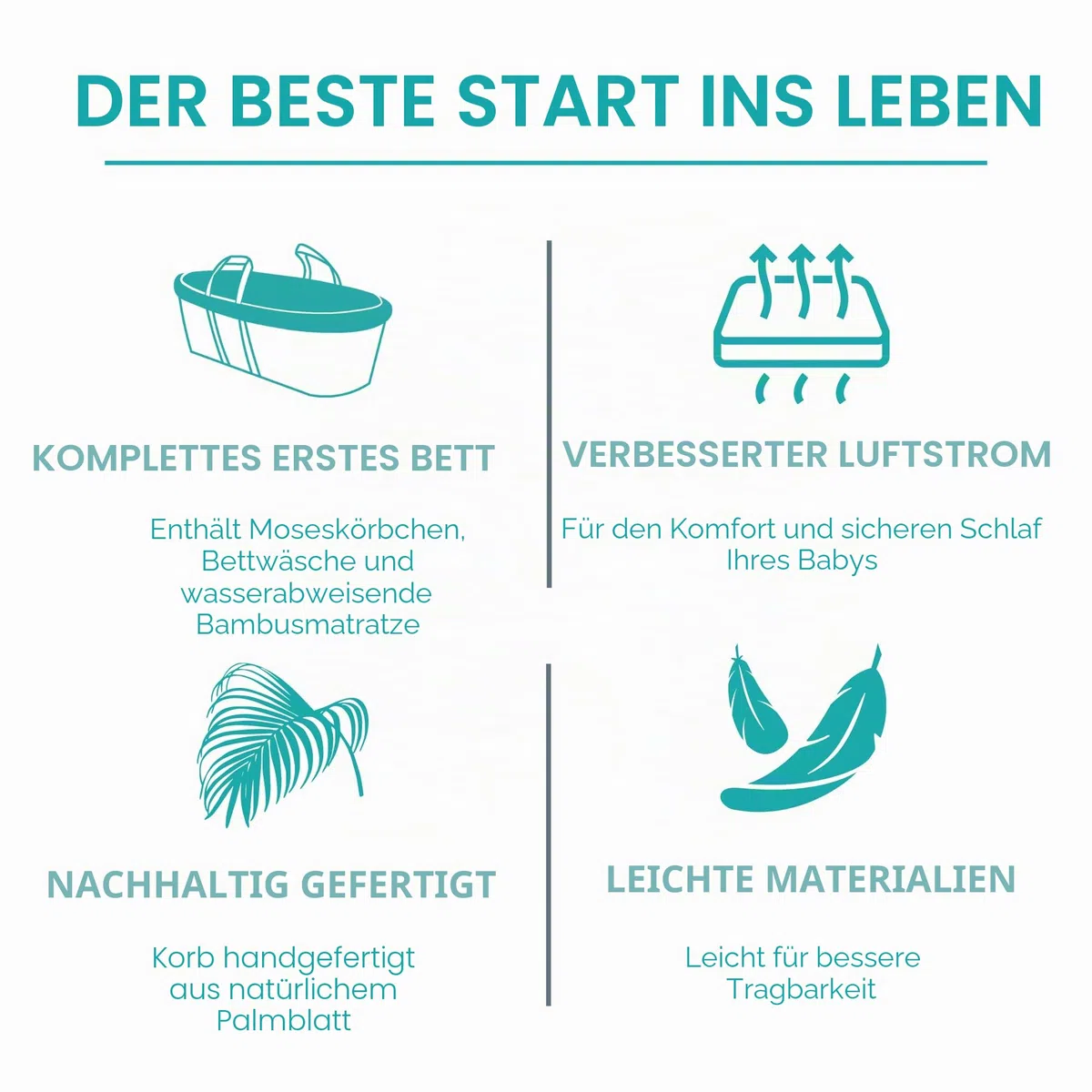 Clair de Lune Bio-Palmen-Moseskorb, Gold-Preisträger, kommt mit Bio-Kompresse, natürlicher Bambus-Matratze und weichem Baby-Betttuch, 75 x 28 cm (Naturcreme)