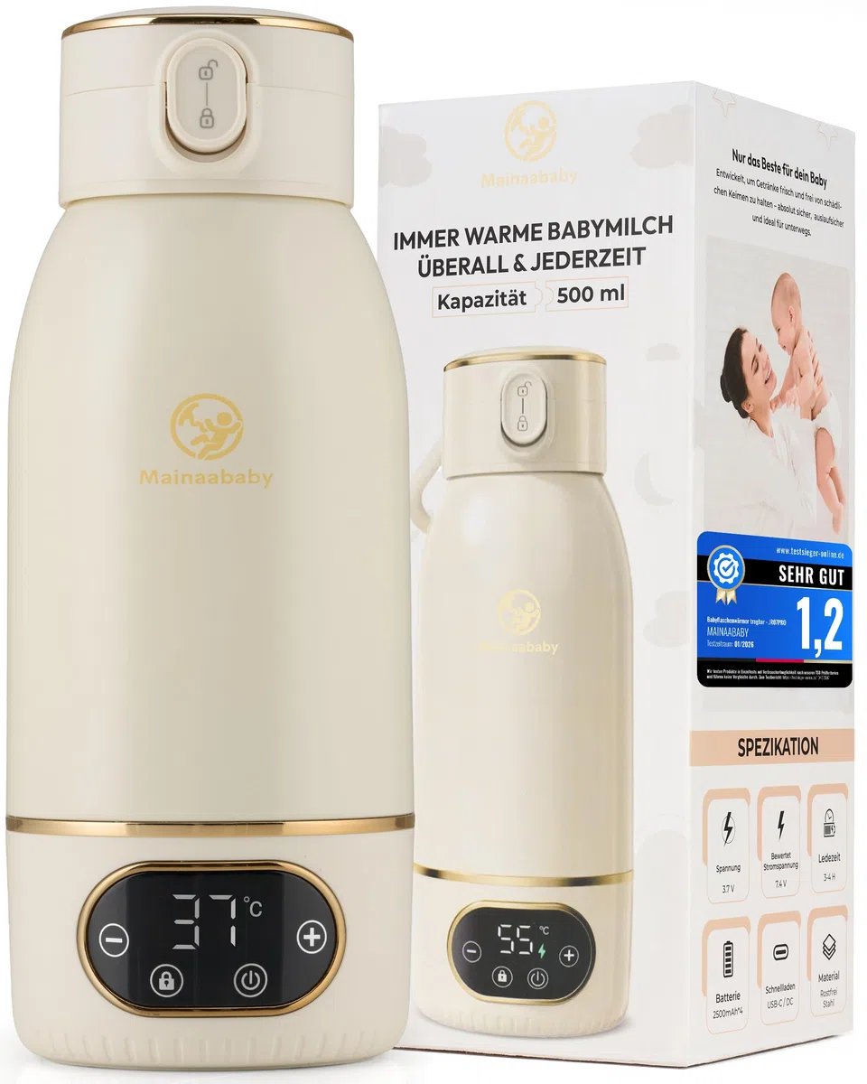 Tragbarer Flaschenwärmer für Babyflaschen – Baby Bottle Warmer mit Akku für unterwegs – präzise Temperaturregelung zum Babymilch Erwärmen – kompakter für Reise, Auto & Alltag (Beige)