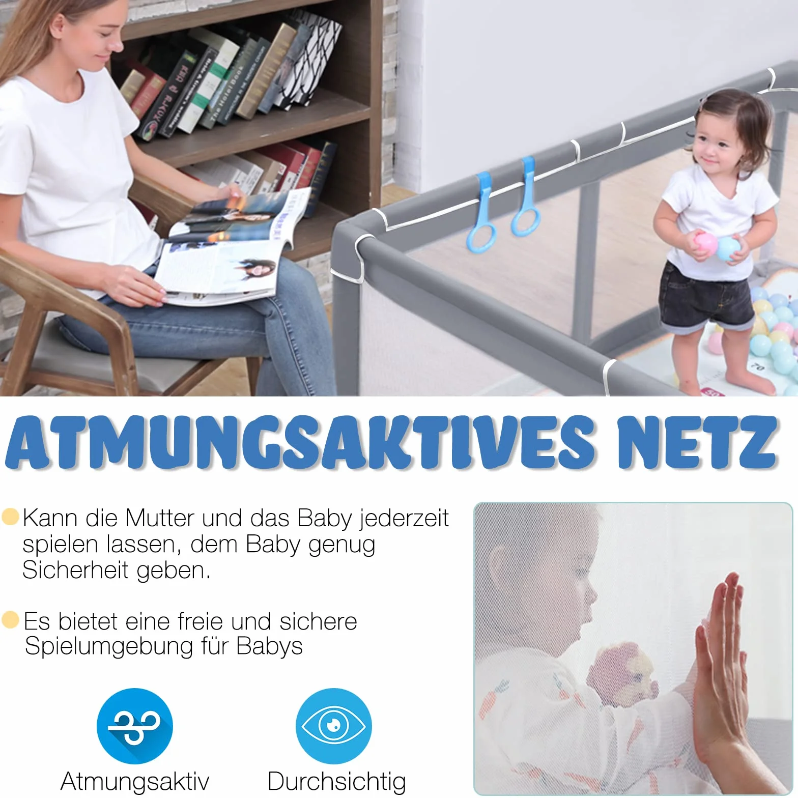 UISEBRT Laufstall Baby Laufgitter Schutzgitter mit Rutschfester Basis und Atmungsaktivem Netz, Stabiler Absperrgitter Aktivitätszentrum für Kinder, Dunkelgrau, 127x127cm